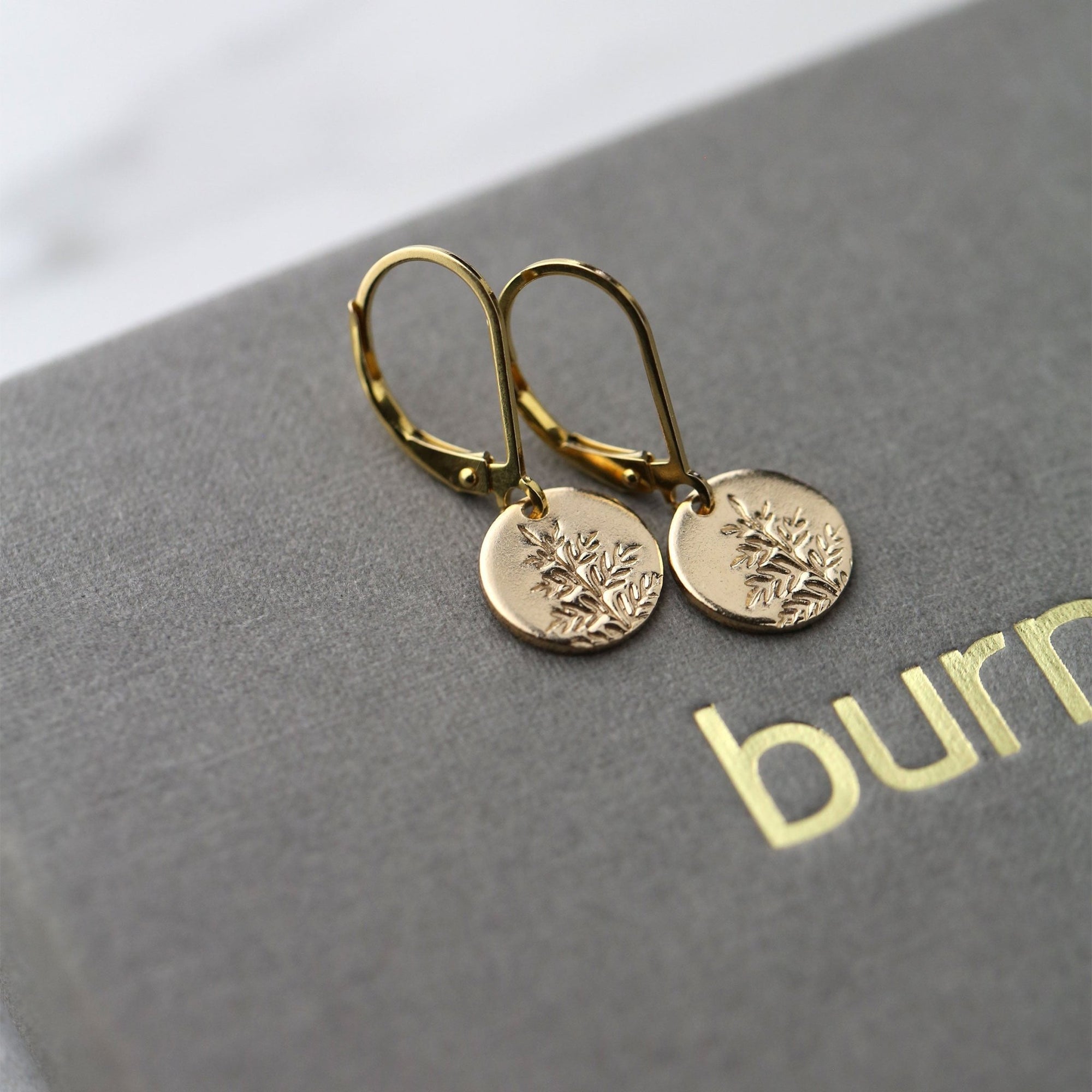 Gold Fern Tiny Disc Earrings