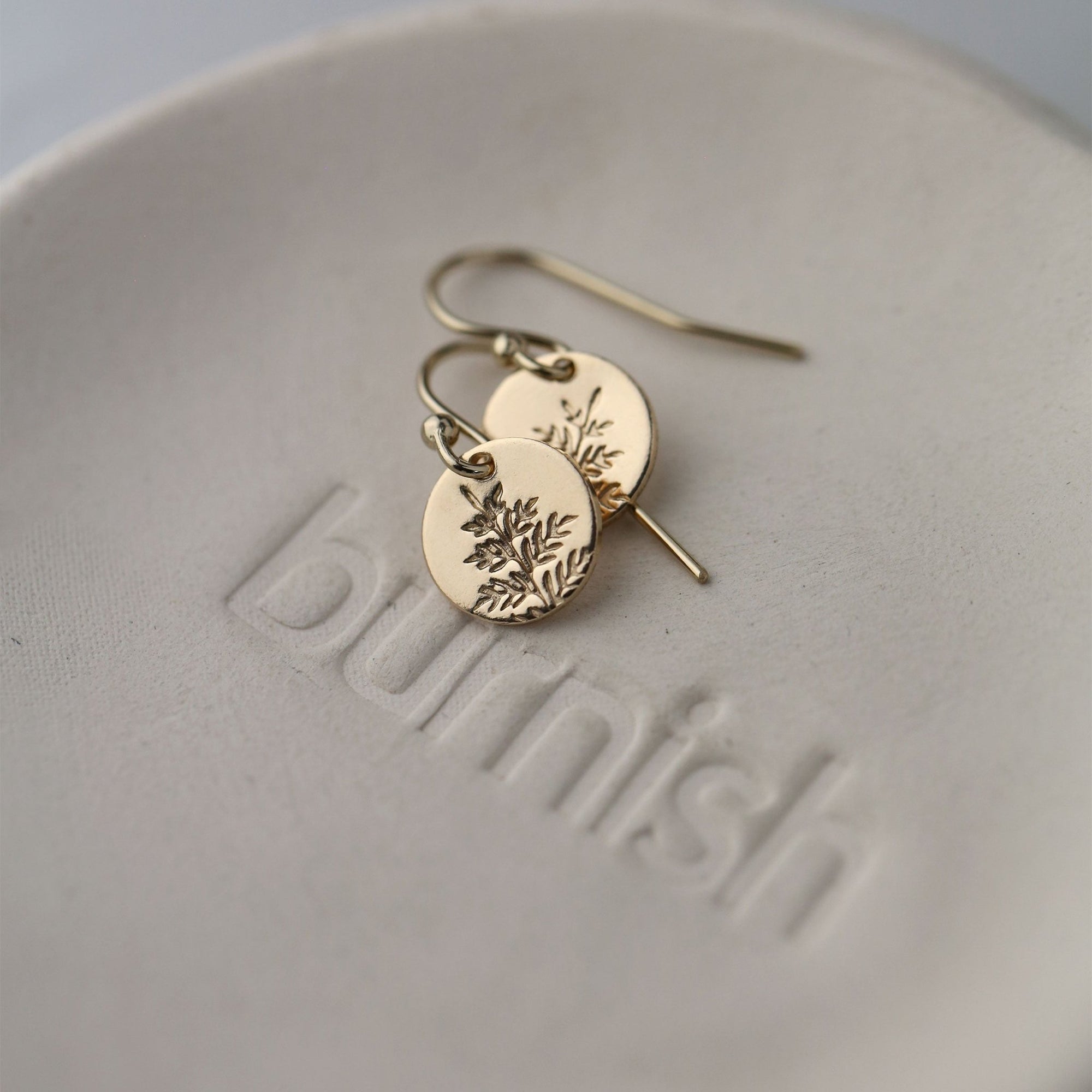 Gold Fern Tiny Disc Earrings