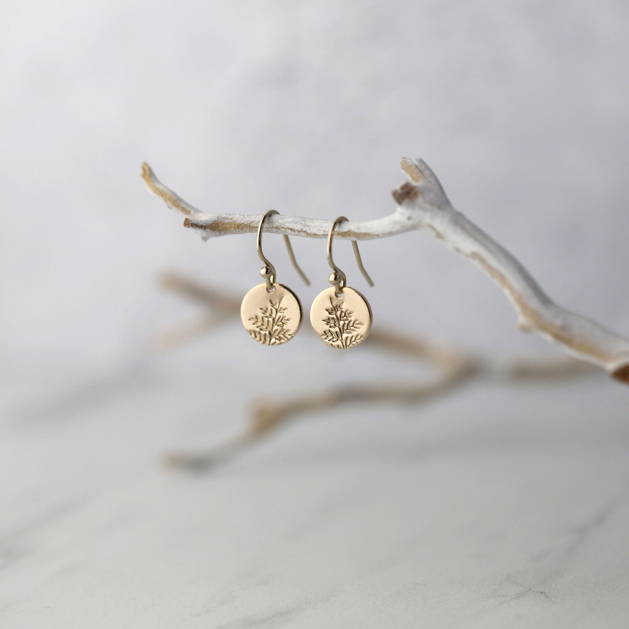 Gold Fern Tiny Disc Earrings