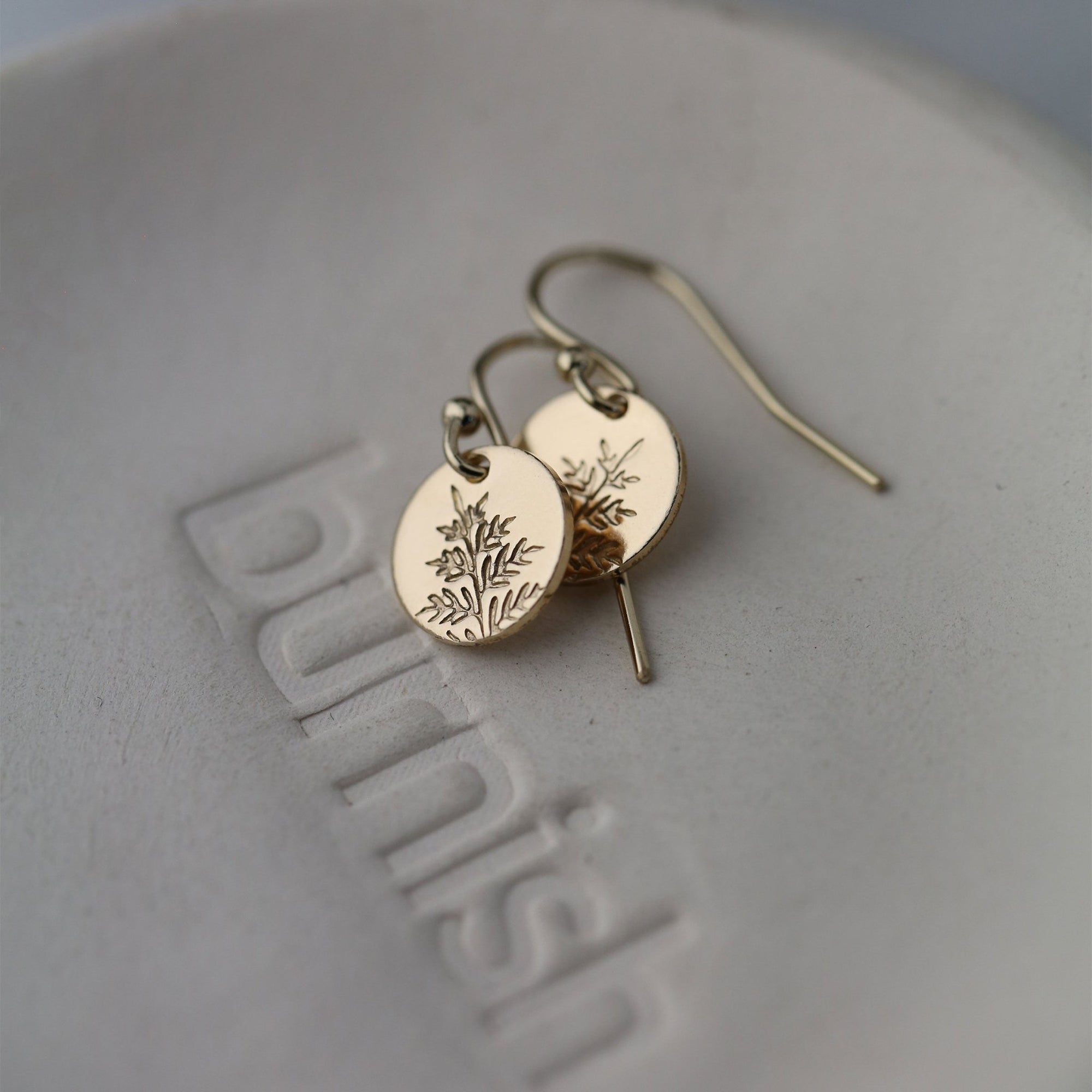 Gold Fern Tiny Disc Earrings