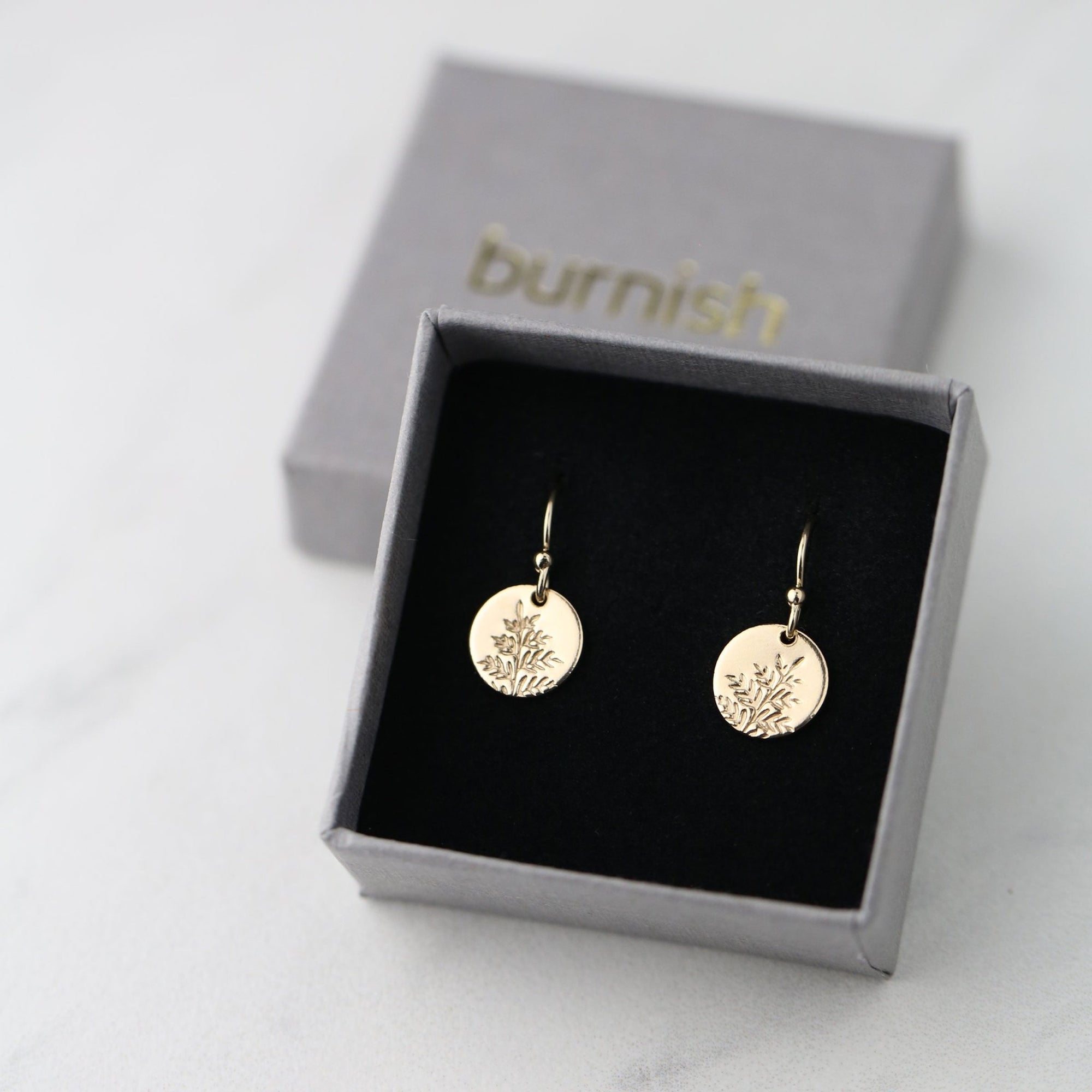 Gold Fern Tiny Disc Earrings