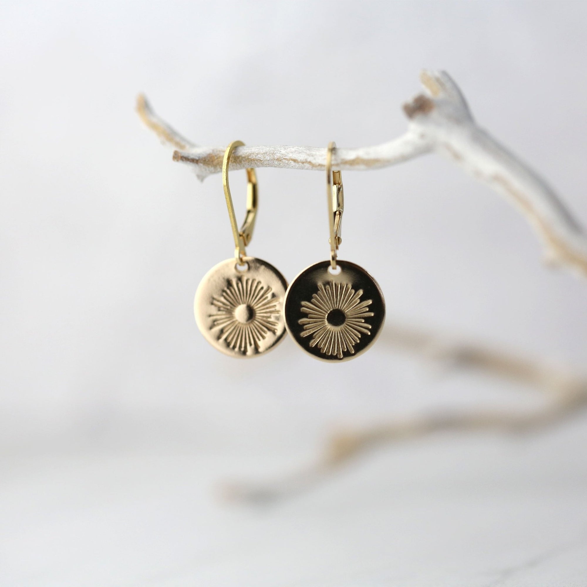 Gold Stamped Sunburst Lever-back Earrings