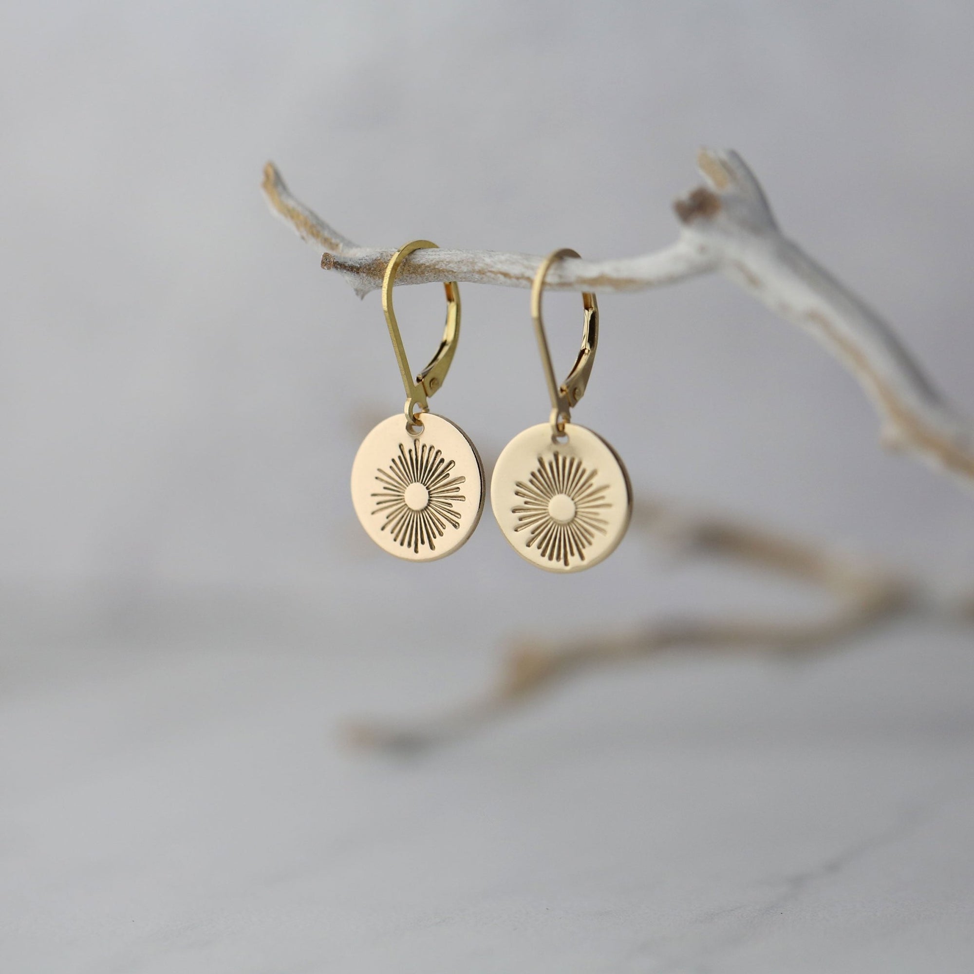 Gold Stamped Sunburst Lever-back Earrings