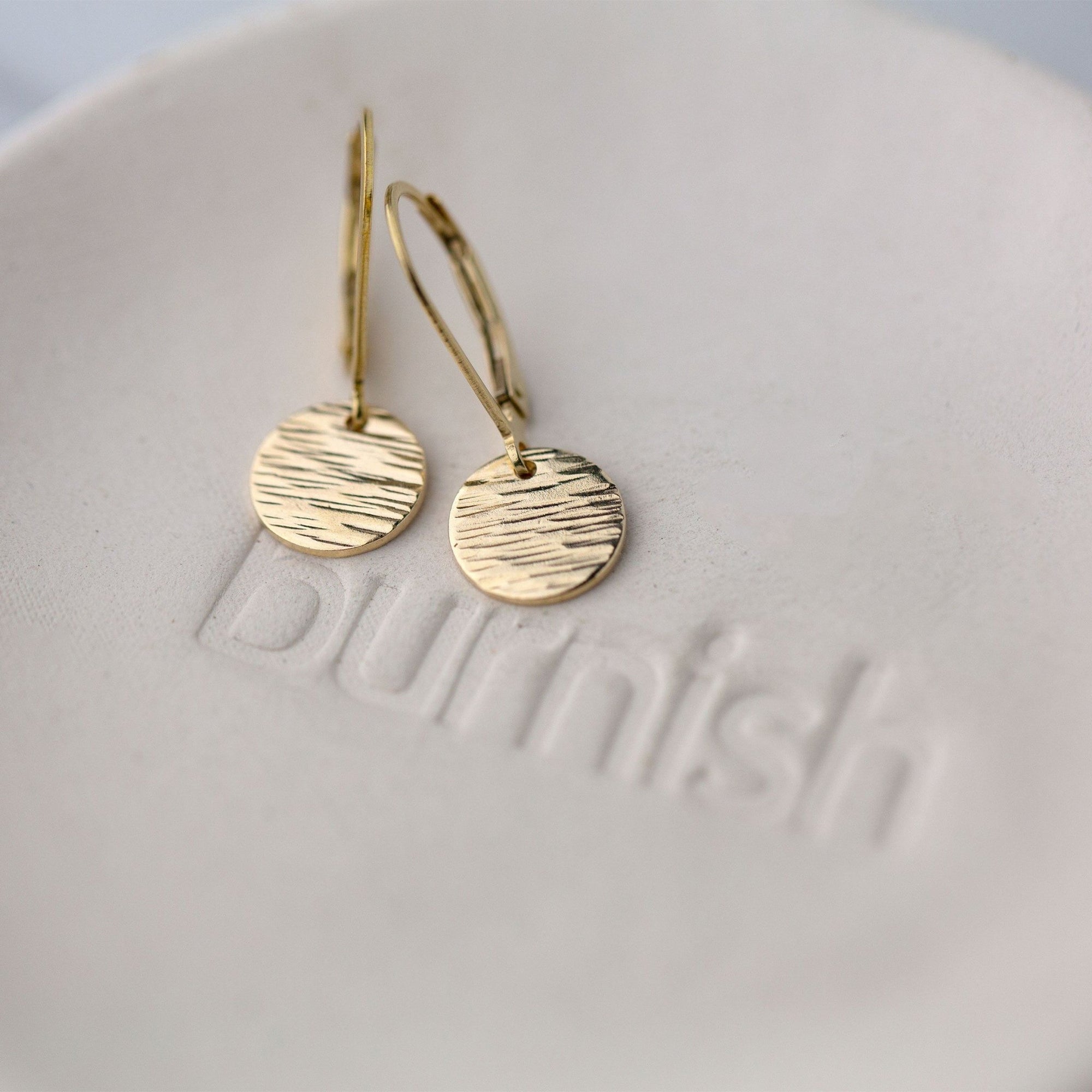 Gold Textured Disc Lever-back Earrings - Handmade Jewelry by Burnish