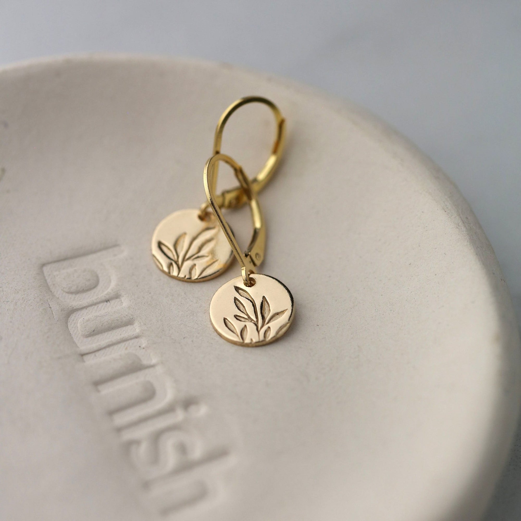 Gold Willow Leaf Tiny Disc Earrings