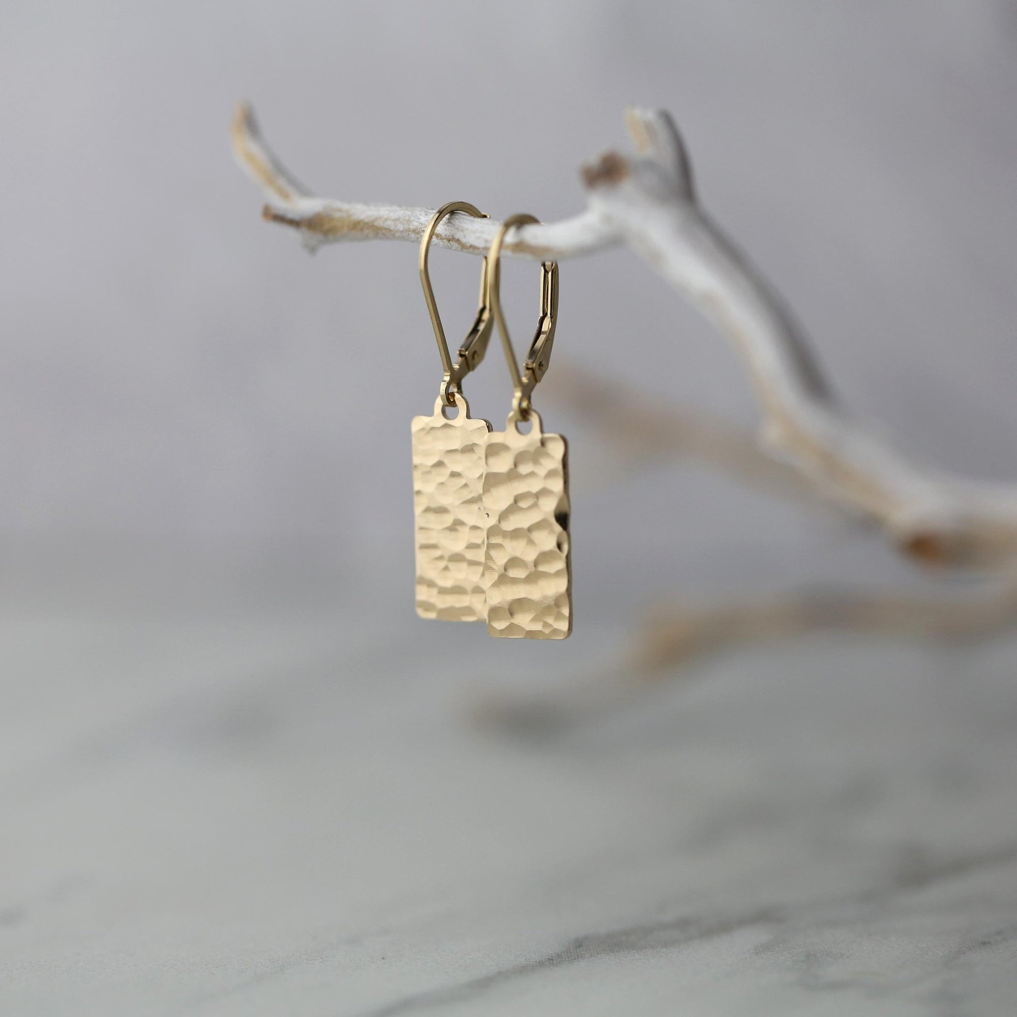 Hammered Gold Tag Earrings handmade by Burnish