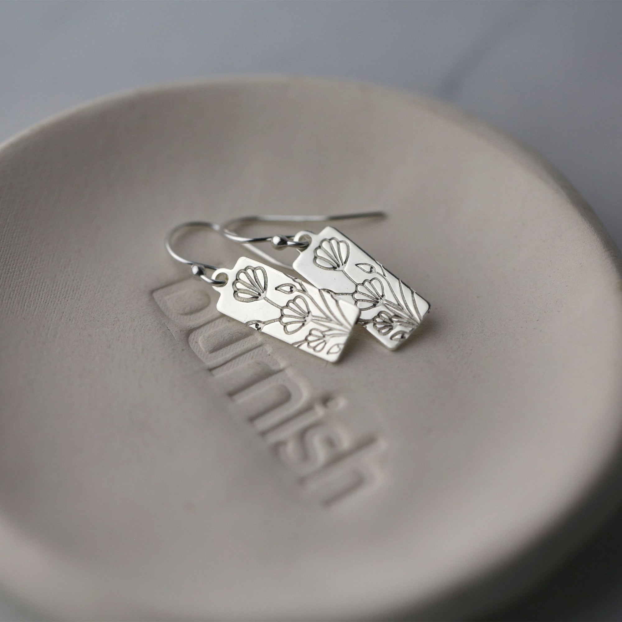 Hand Stamped Floral Tag Earrings jewelry handmade by Burnish