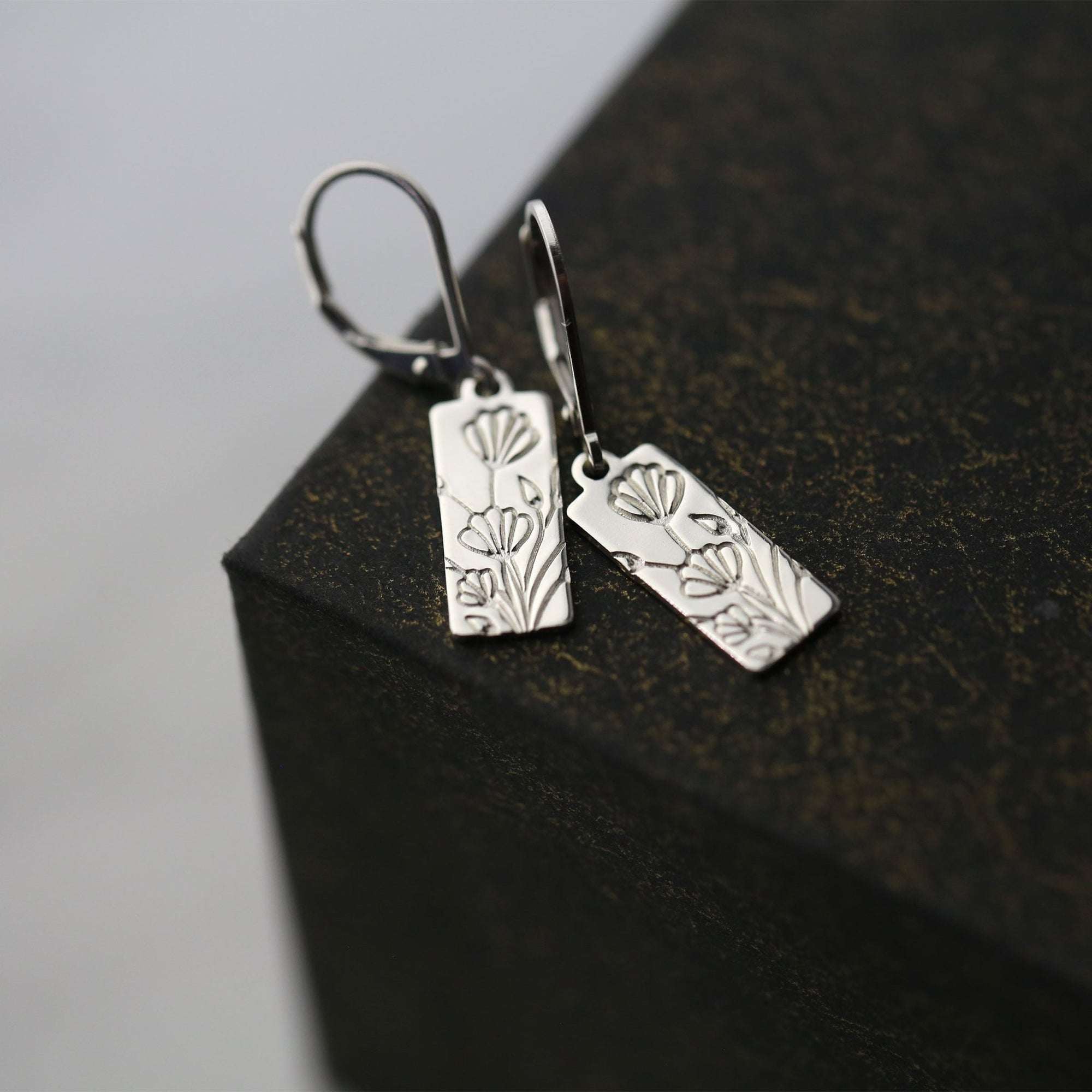 Hand Stamped Floral Tag Earrings jewelry handmade by Burnish