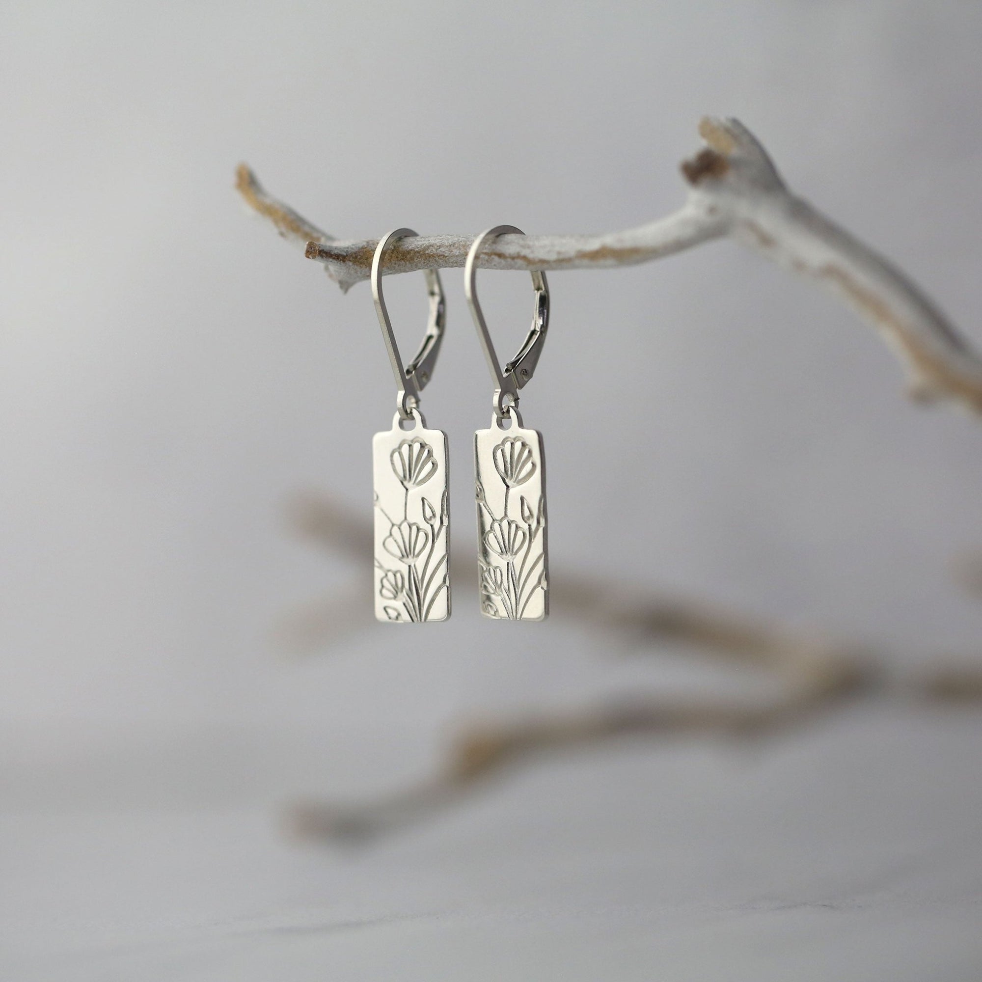 Hand Stamped Floral Tag Earrings jewelry handmade by Burnish