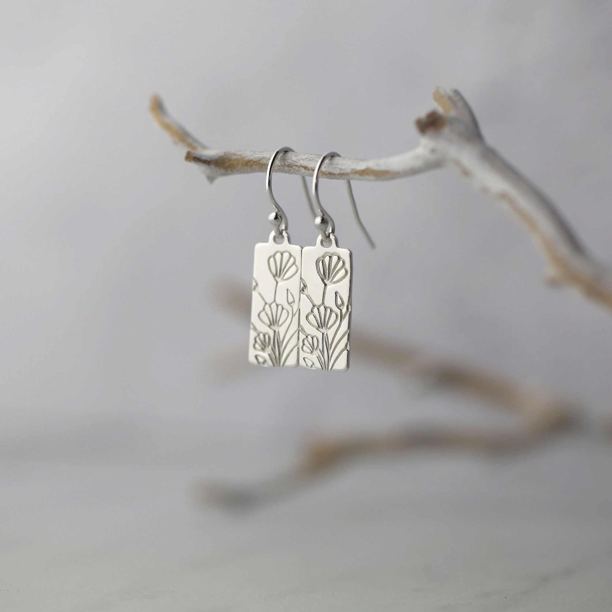 Hand Stamped Floral Tag Earrings jewelry handmade by Burnish