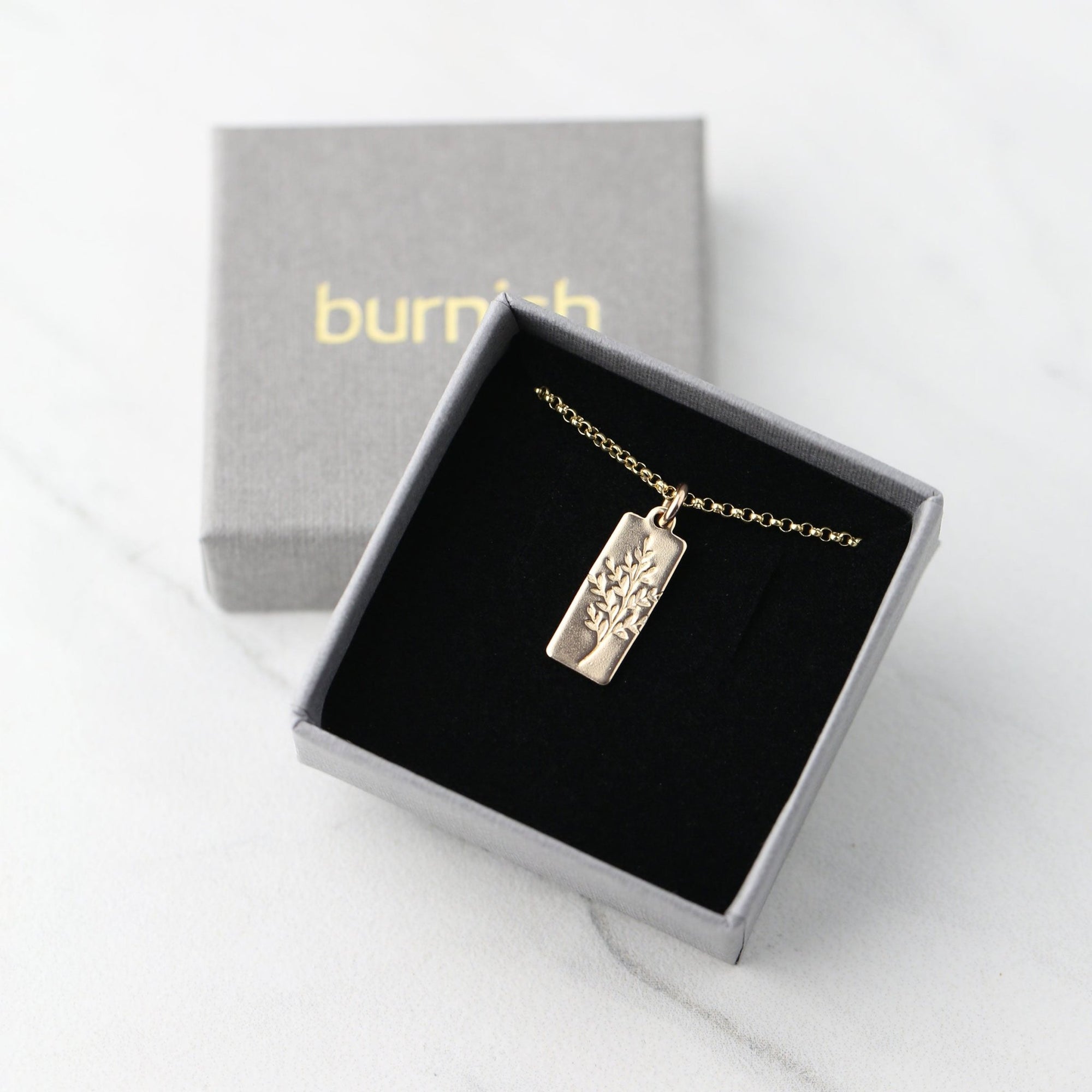 Hand Stamped Gold Botanical Necklace handmade by Burnish