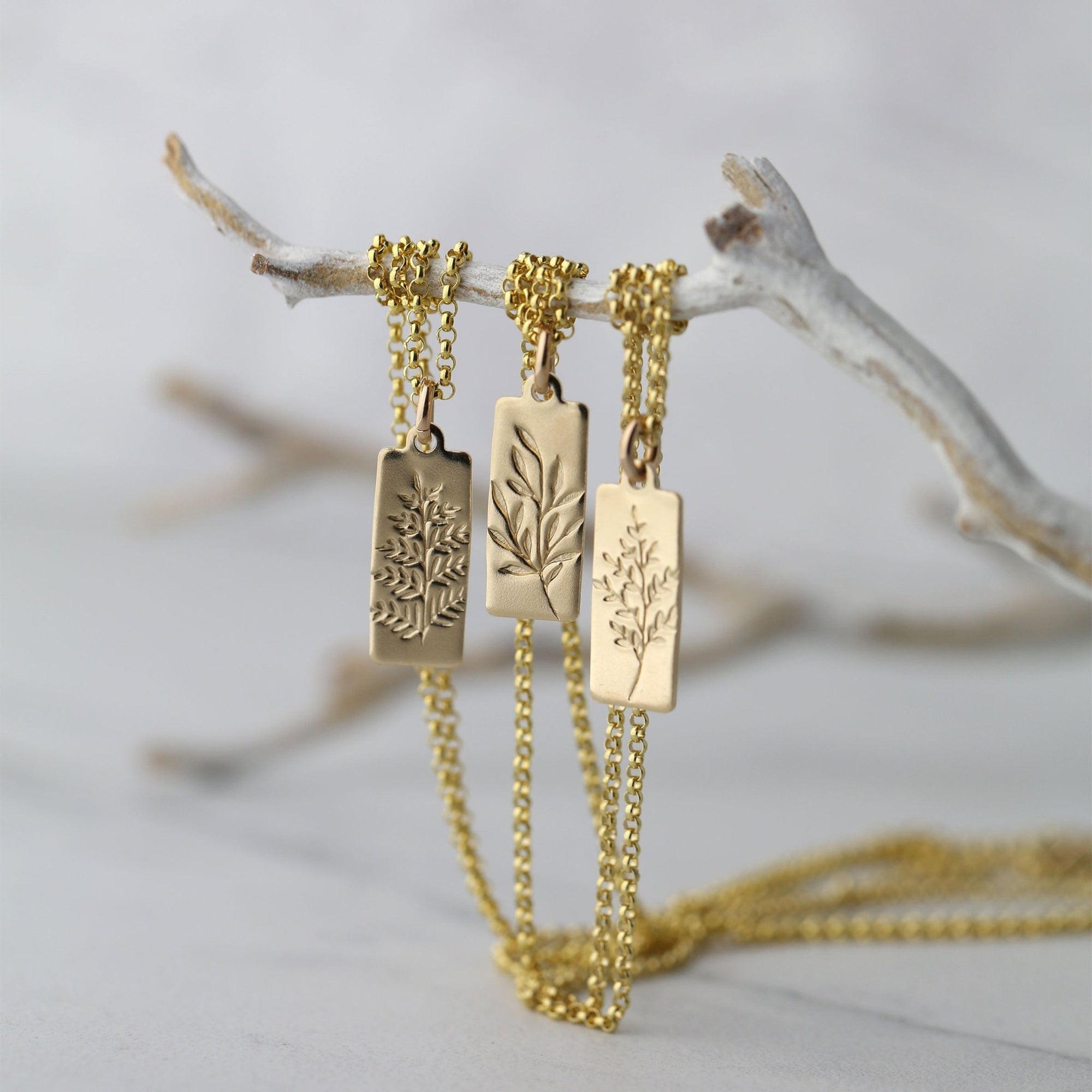 Hand Stamped Gold Botanical Necklace handmade by Burnish