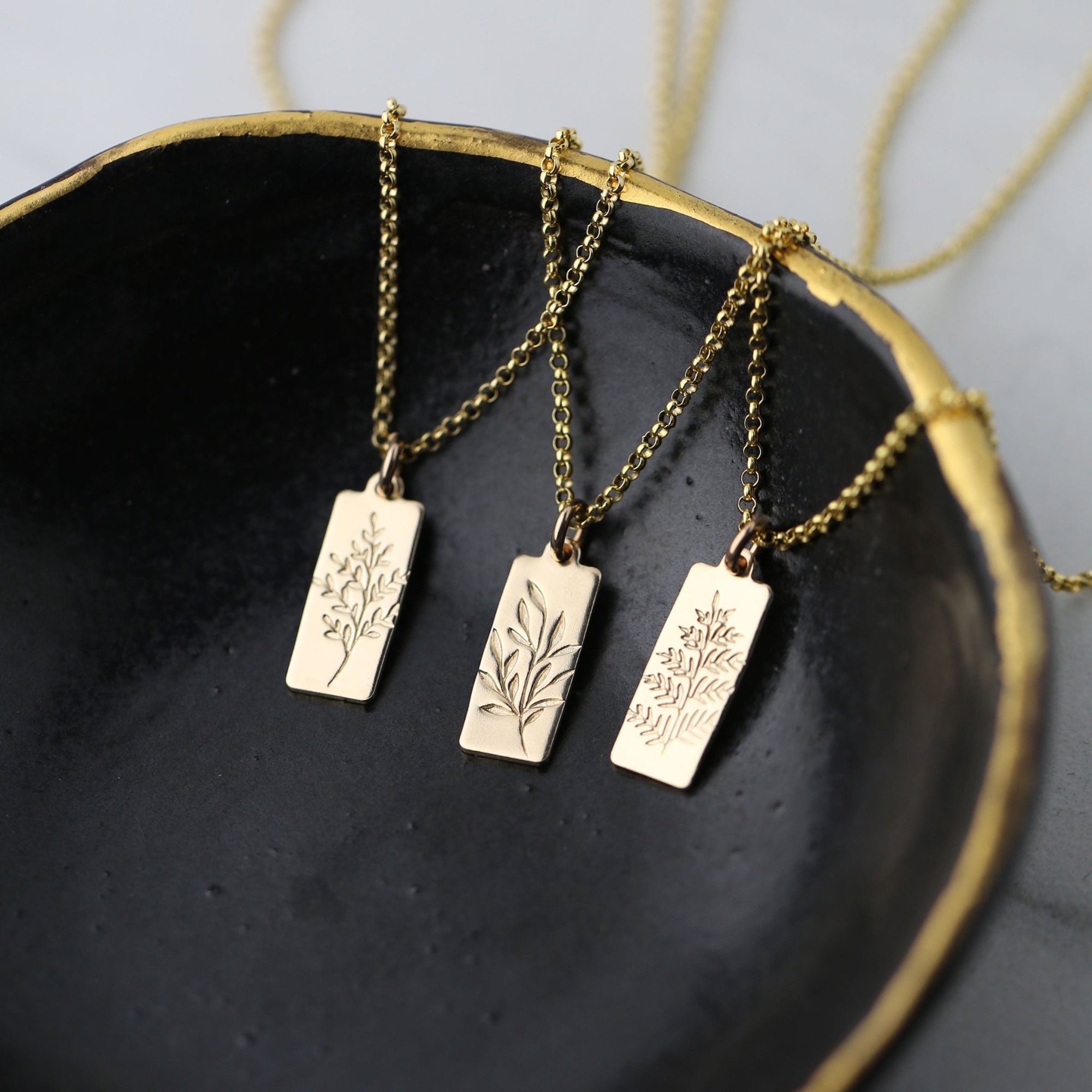 Hand Stamped Gold Botanical Necklace jewelry handmade by Burnish