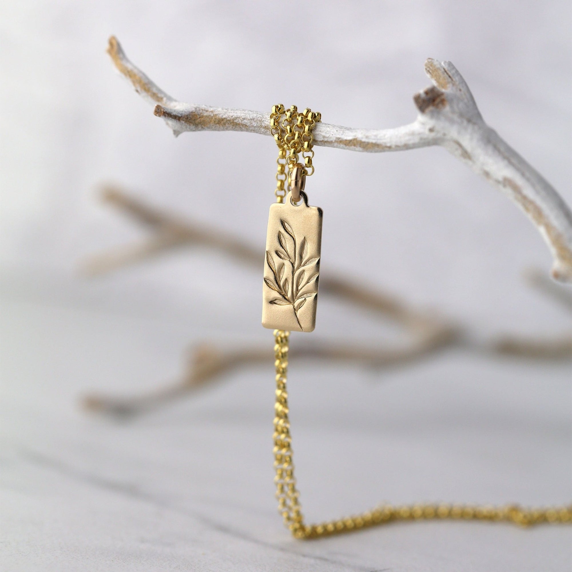 Hand Stamped Gold Botanical Necklace handmade by Burnish