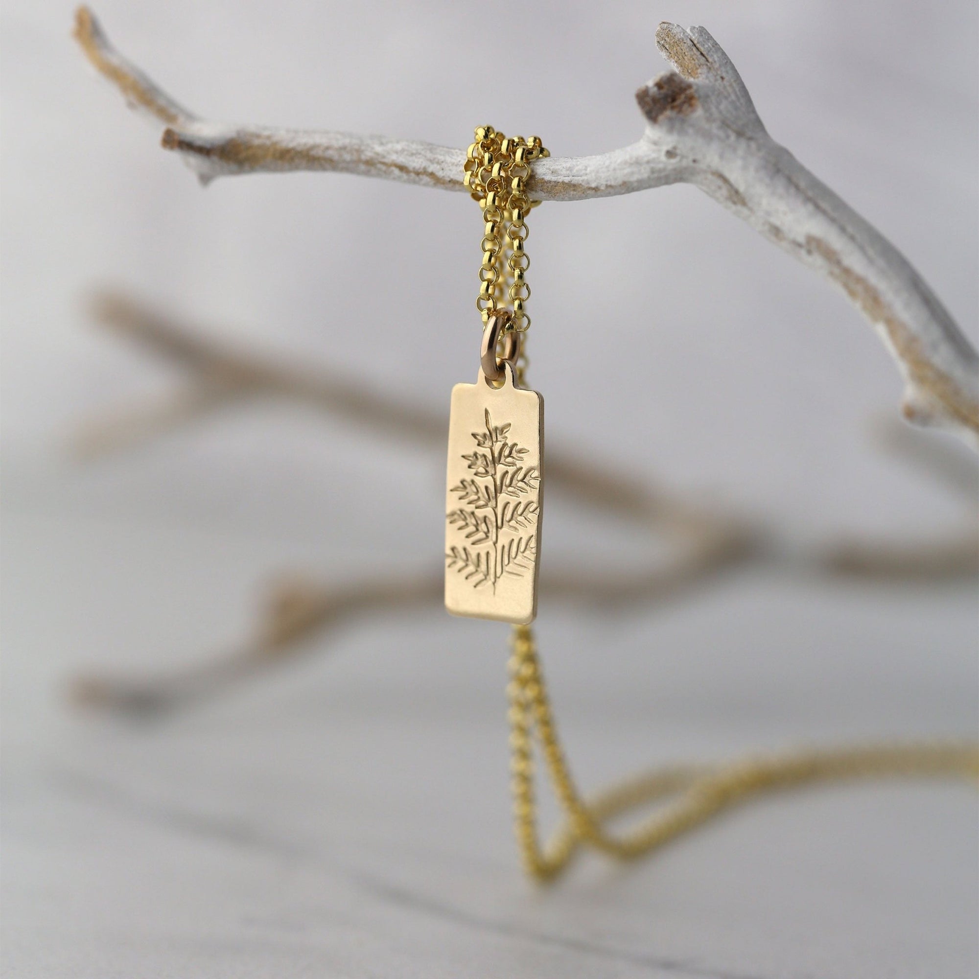 Hand Stamped Gold Botanical Necklace handmade by Burnish