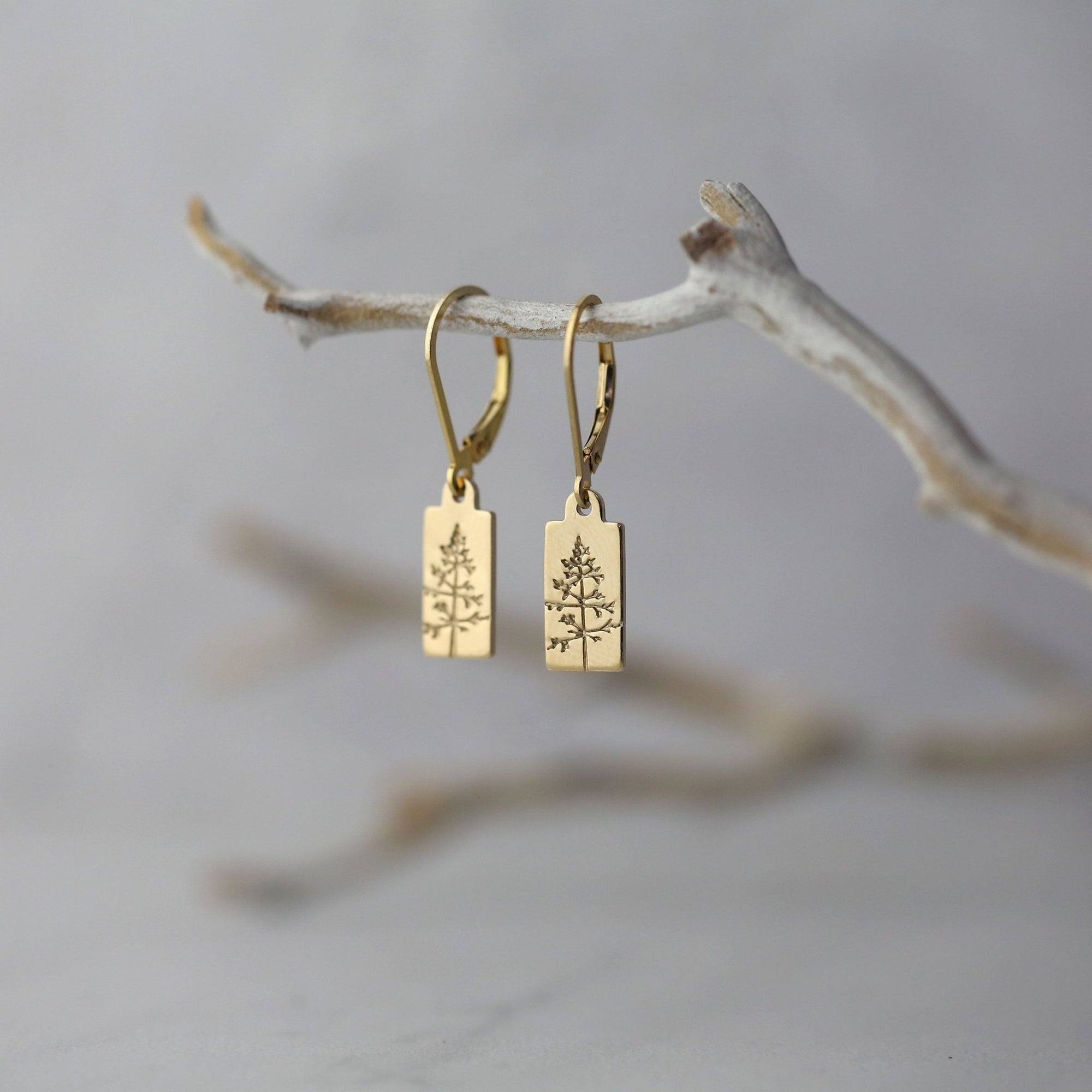 Hand Stamped Gold Tree Lever-back Earrings