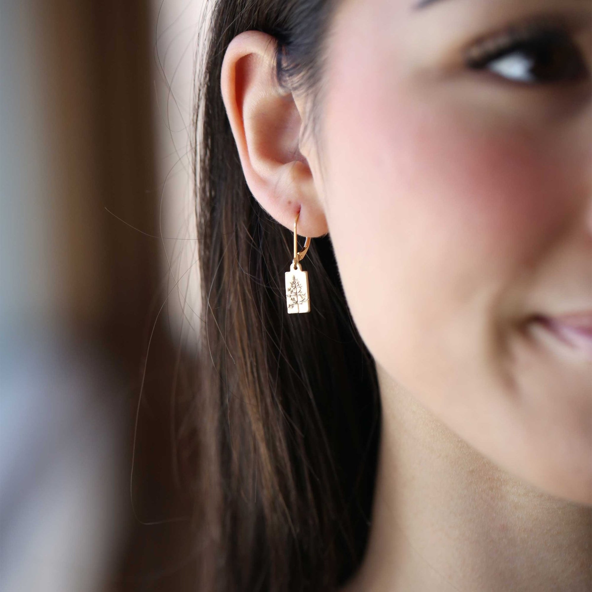 Hand Stamped Gold Tree Lever-back Earrings