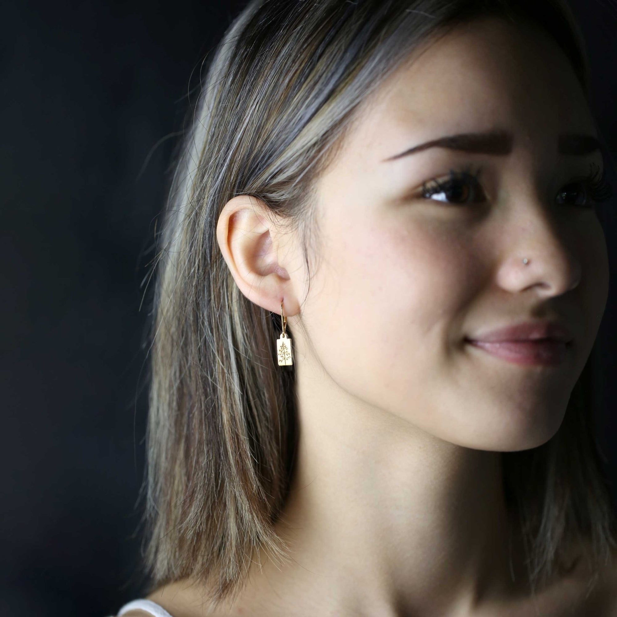 Hand Stamped Gold Tree Lever-back Earrings