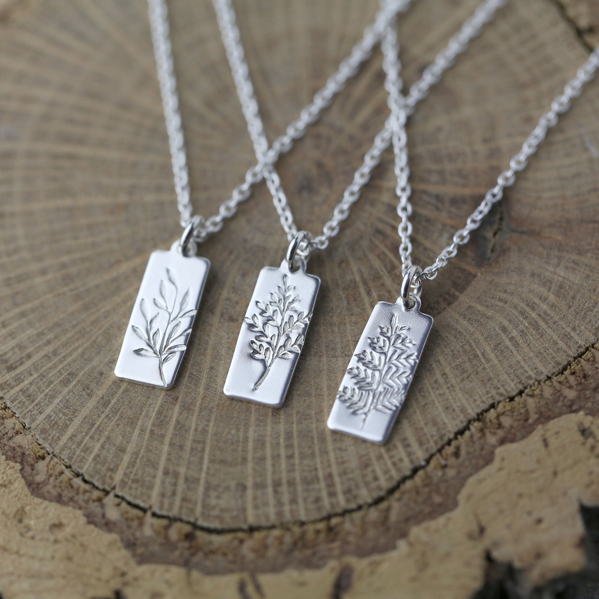 Hand Stamped Silver Botanical Necklace handmade by Burnish