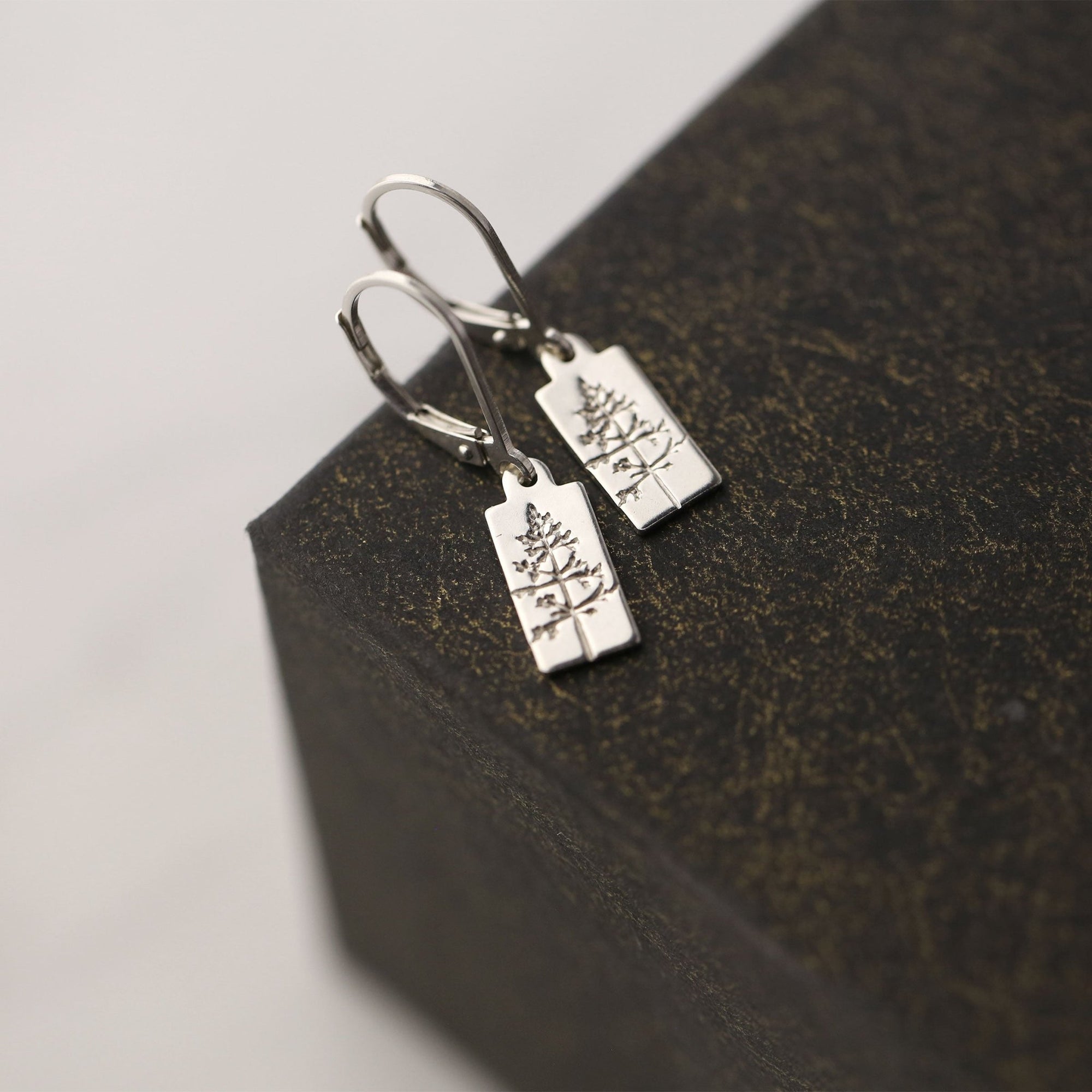 Hand Stamped Silver Tree Lever-back Earrings