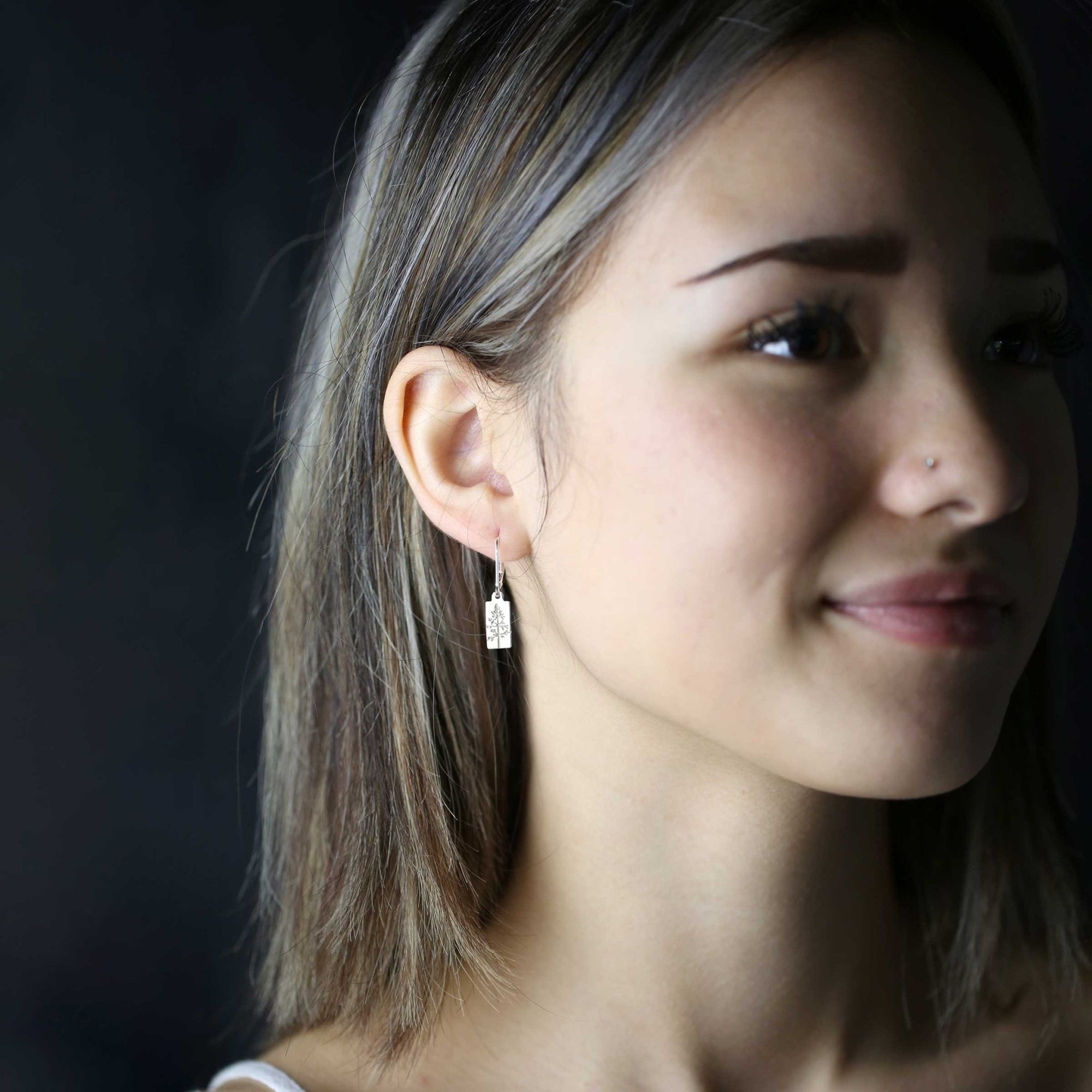 Hand Stamped Silver Tree Lever-back Earrings