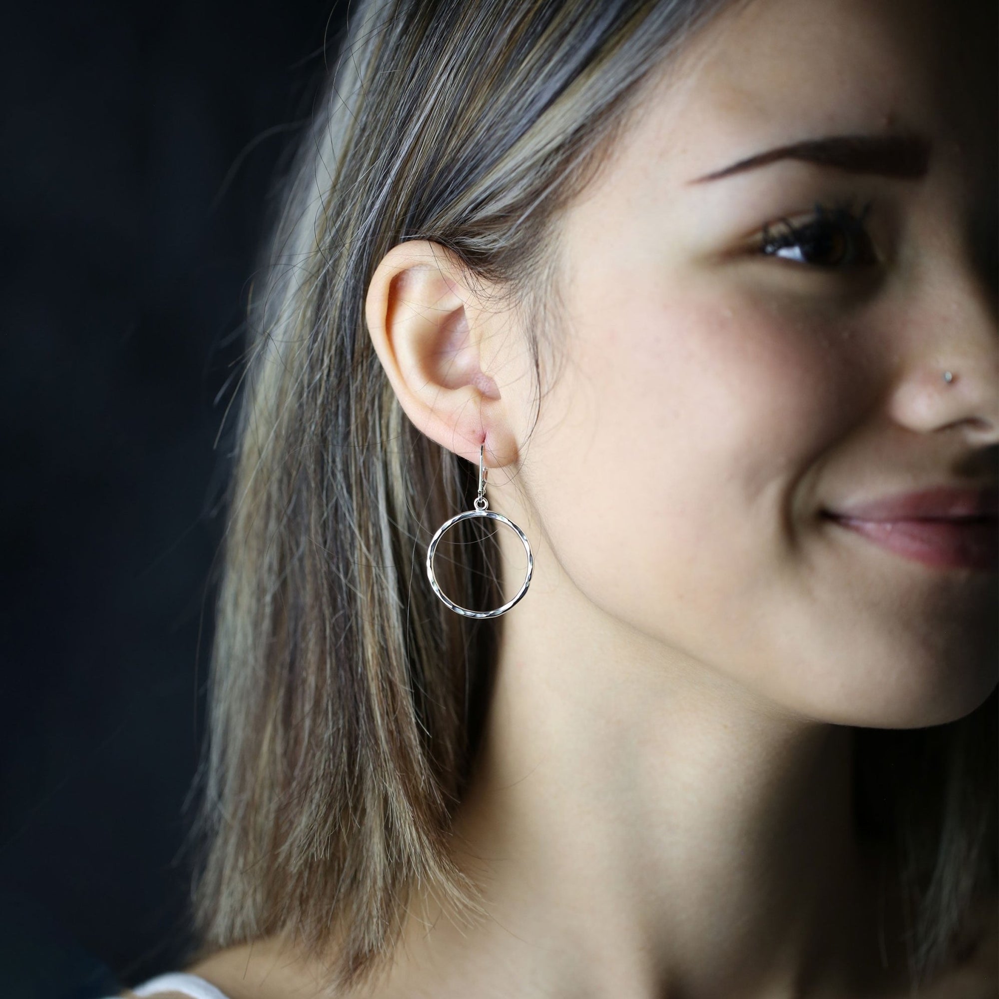 Large Hammered Circle Lever-back Earrings handmade by Burnish