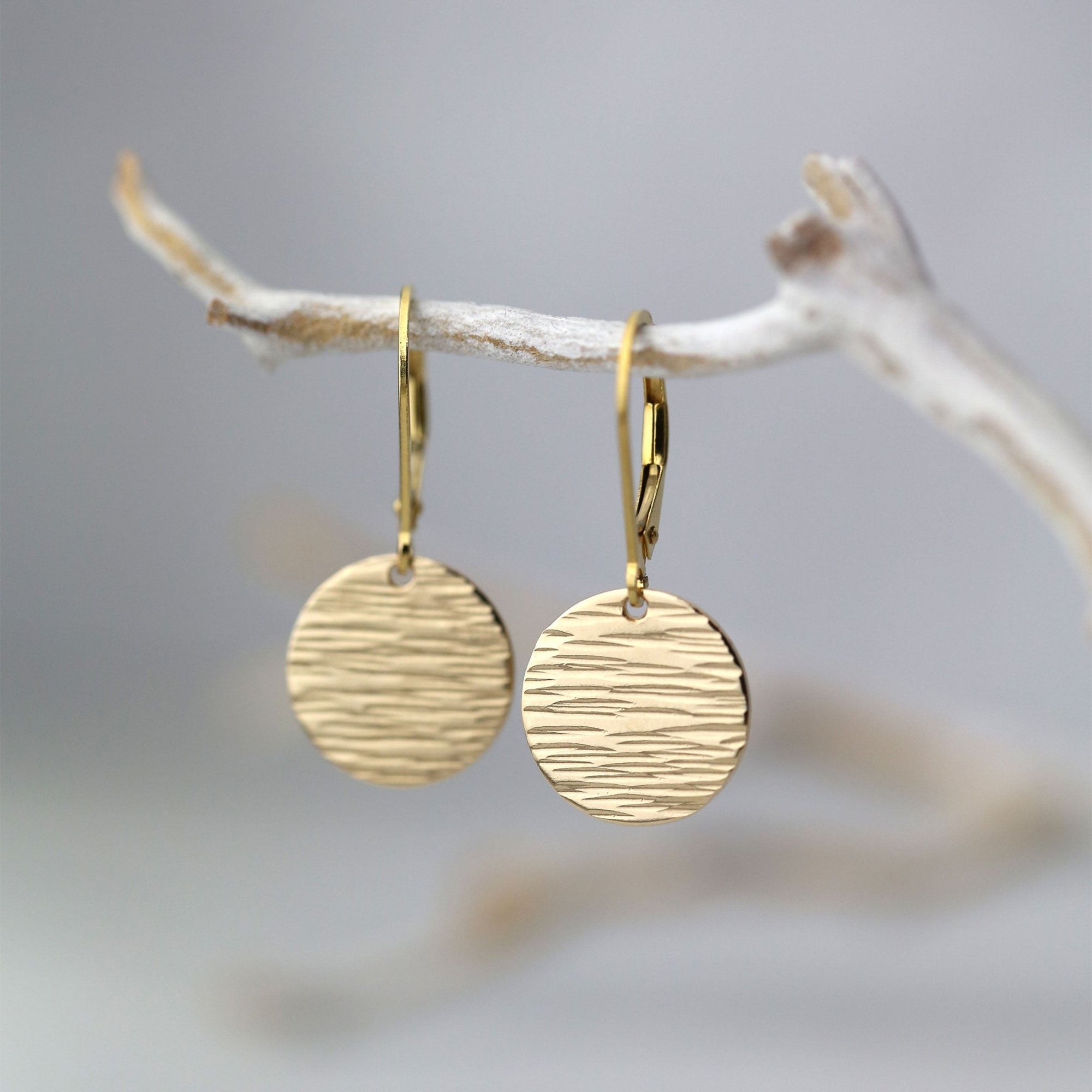 Medium Gold Hammered Bark Lever - back Earrings jewelry handmade by Burnish