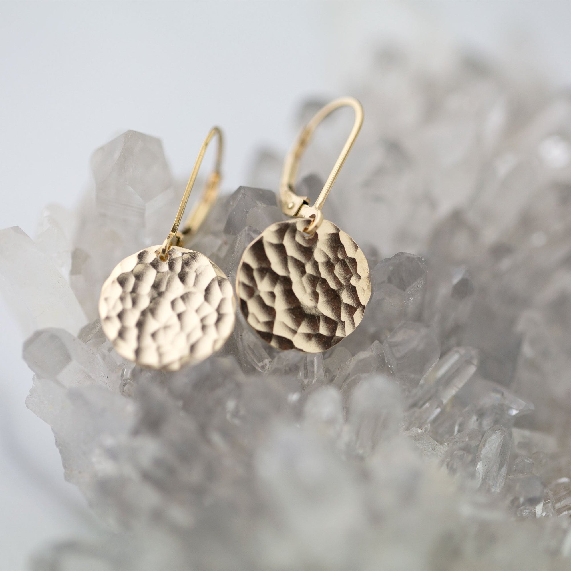 Medium Gold Hammered Disc Lever - back Earrings jewelry handmade by Burnish