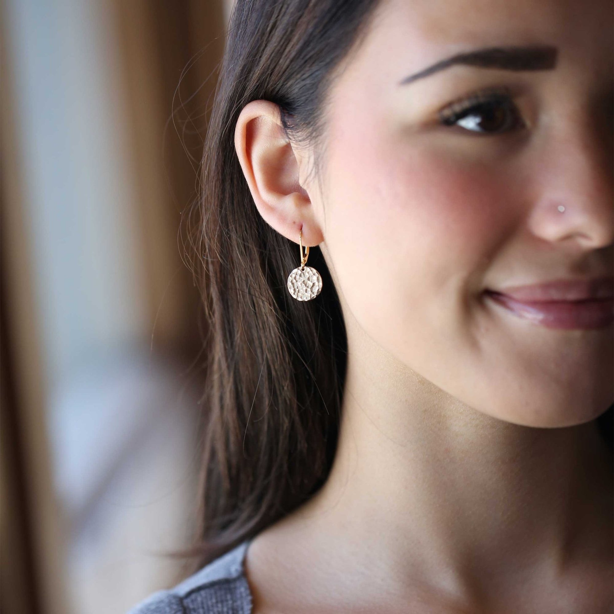 Medium Gold Hammered Disc Lever - back Earrings jewelry handmade by Burnish