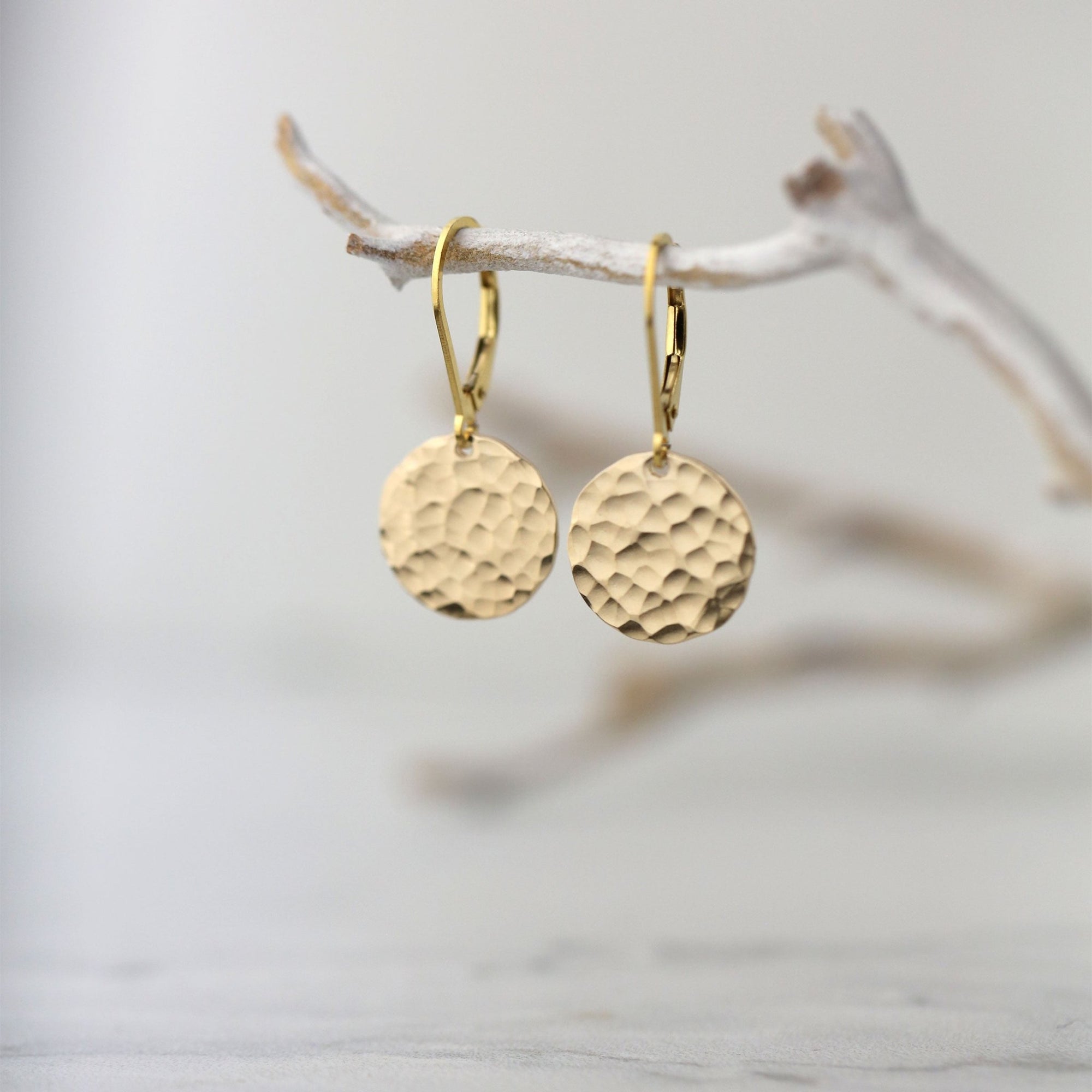Medium Gold Hammered Disc Lever - back Earrings jewelry handmade by Burnish