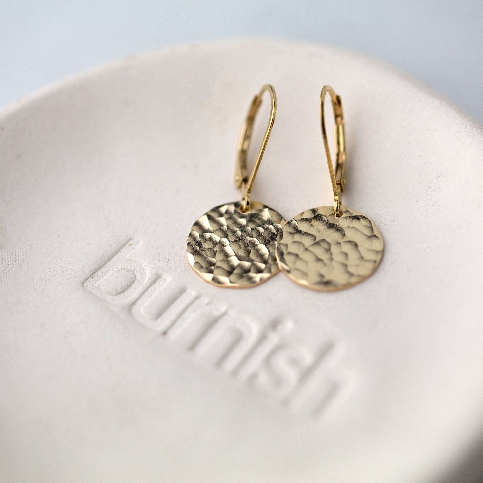 Medium Gold Hammered Disc Lever - back Earrings jewelry handmade by Burnish