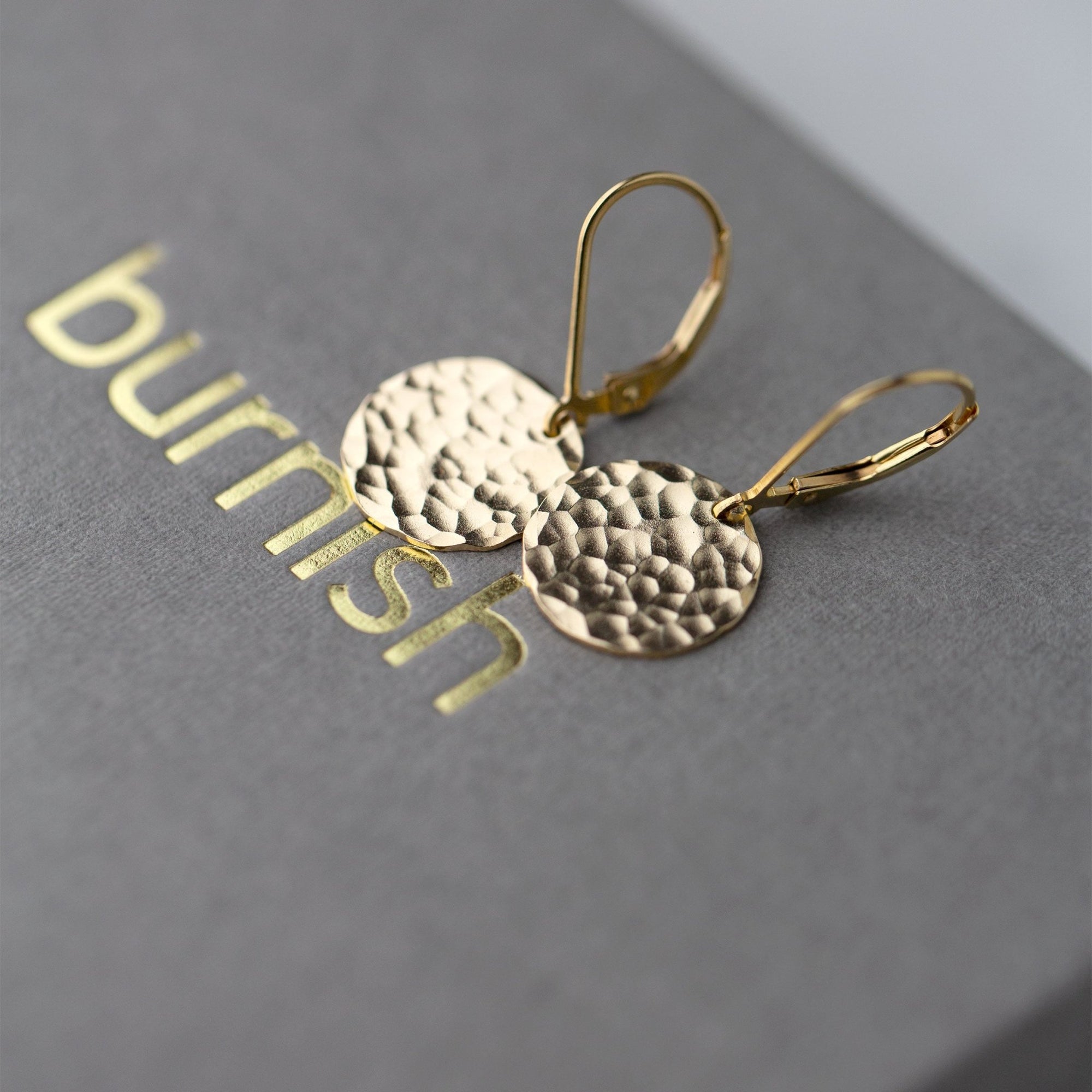 Medium Gold Hammered Disc Lever - back Earrings jewelry handmade by Burnish