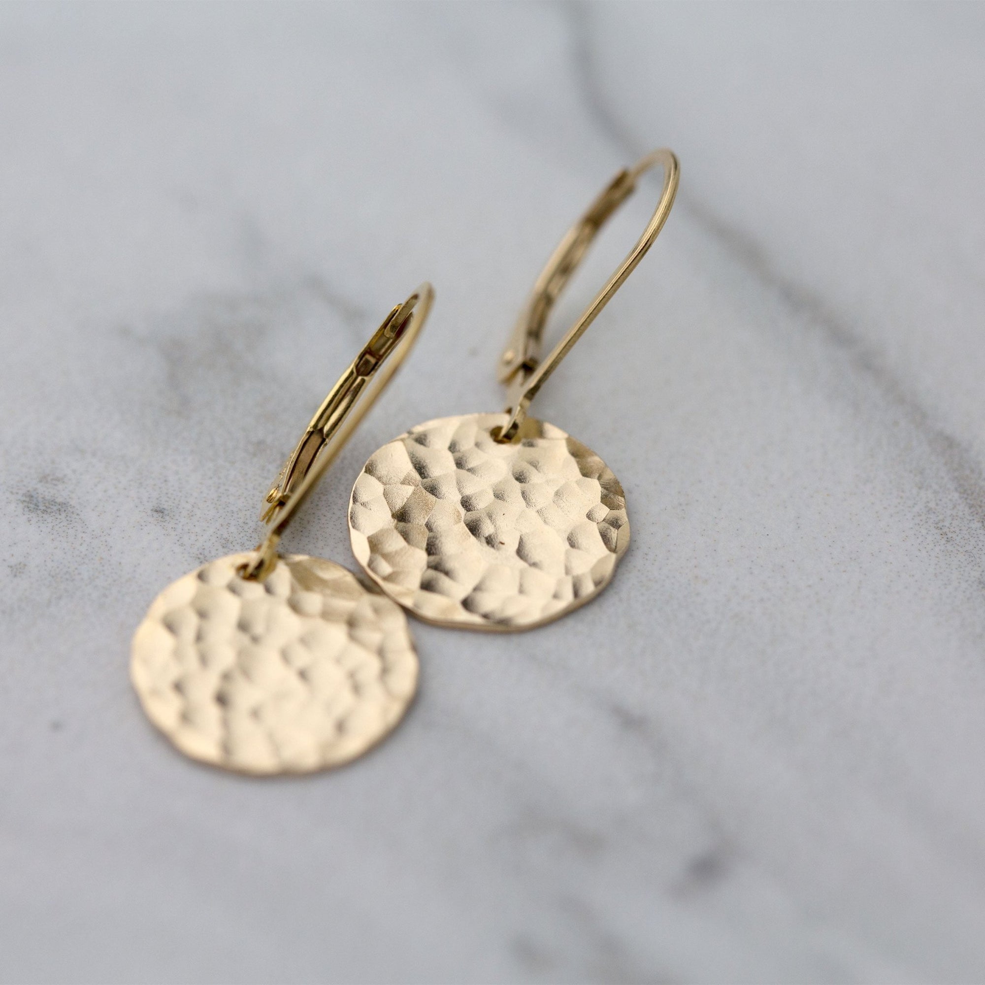 Medium Gold Hammered Disc Lever - back Earrings jewelry handmade by Burnish