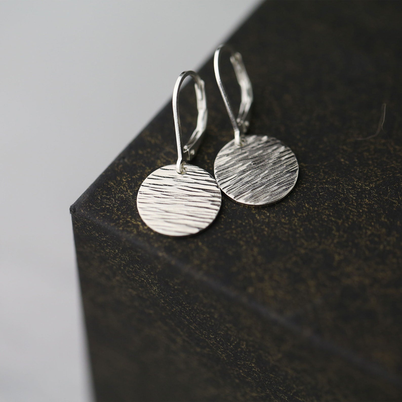 Medium Silver Bark Texture Lever - back Earrings jewelry handmade by Burnish