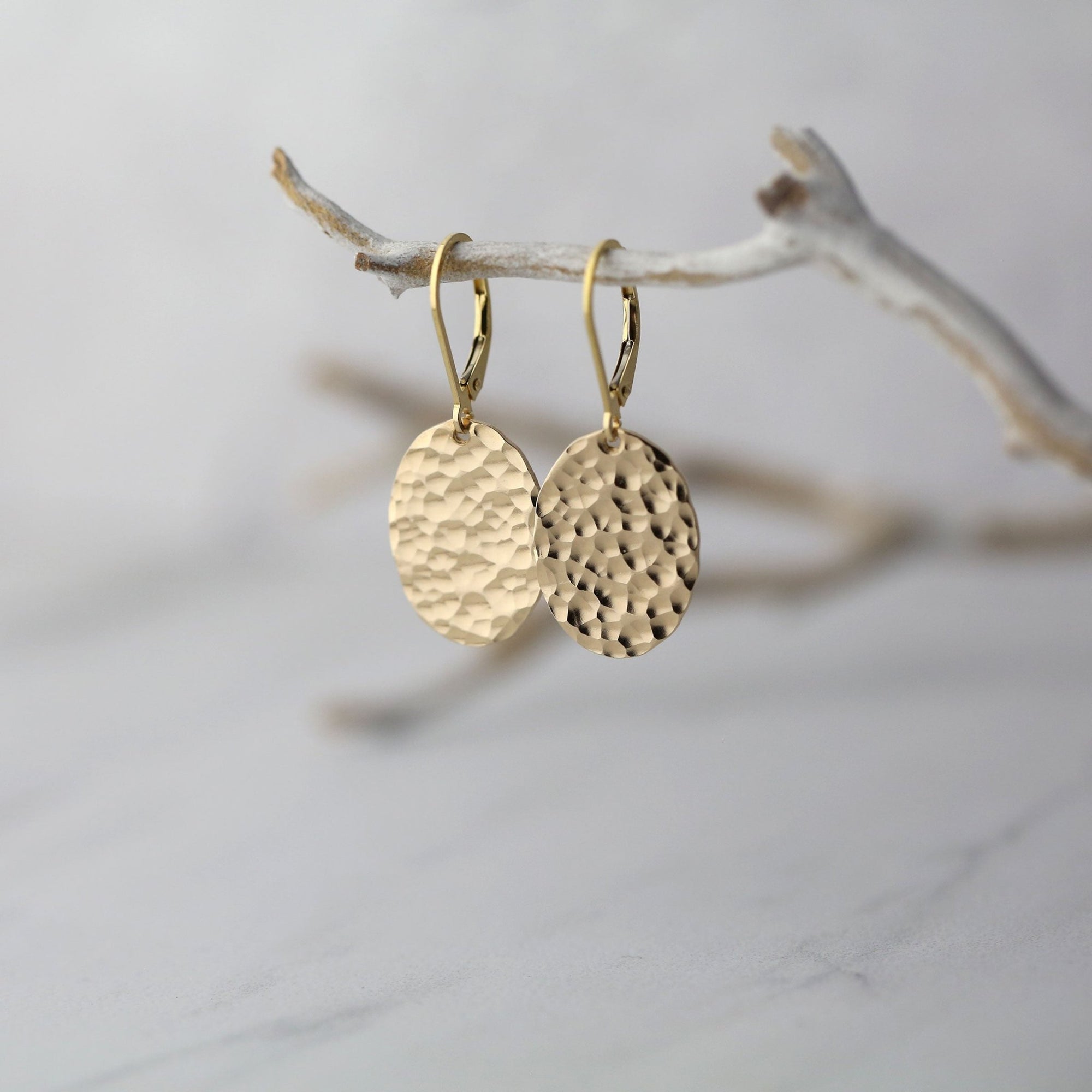 Oval Hammered Gold Lever - back Earrings jewelry handmade by Burnish