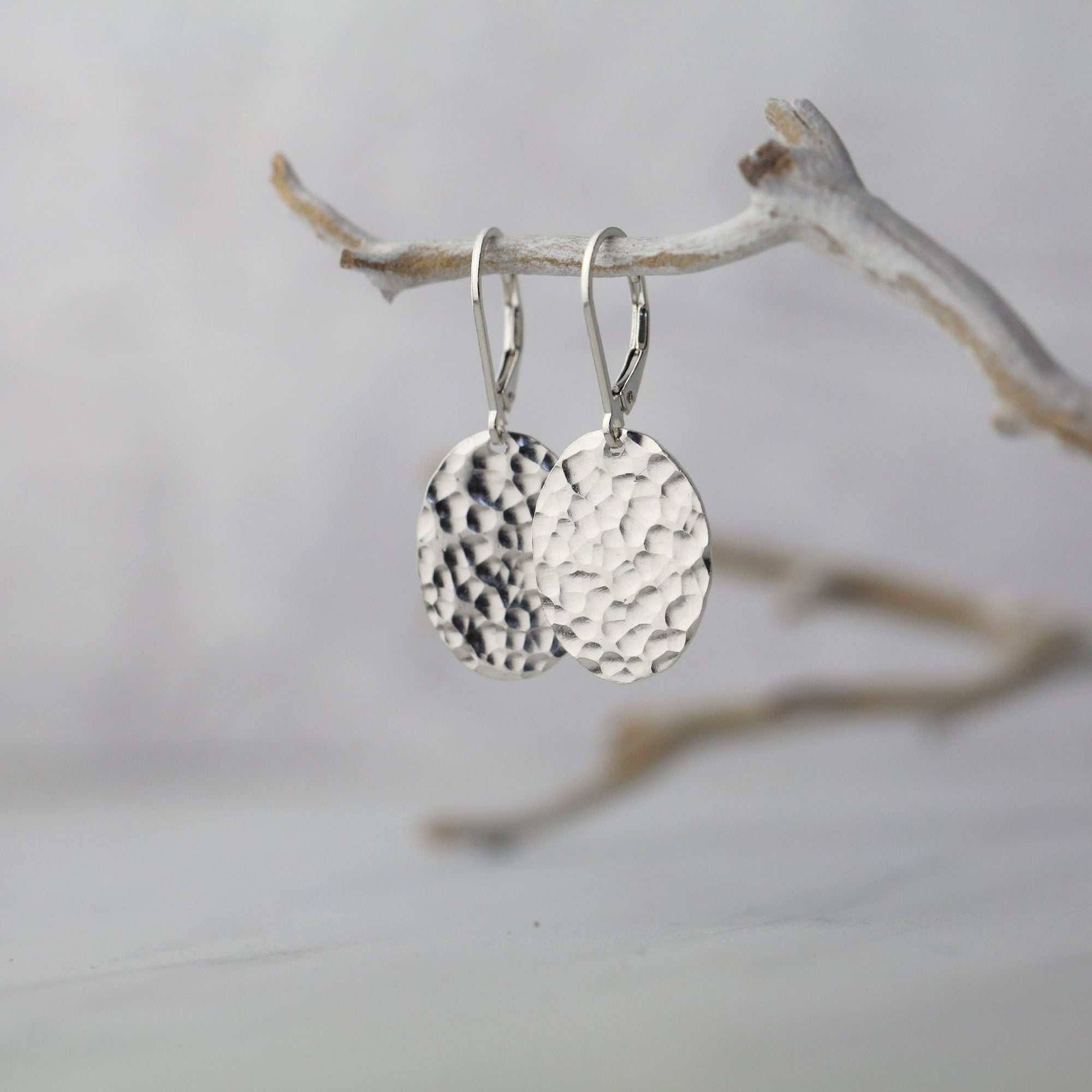 Oval Hammered Silver Lever - back Earrings jewelry handmade by Burnish