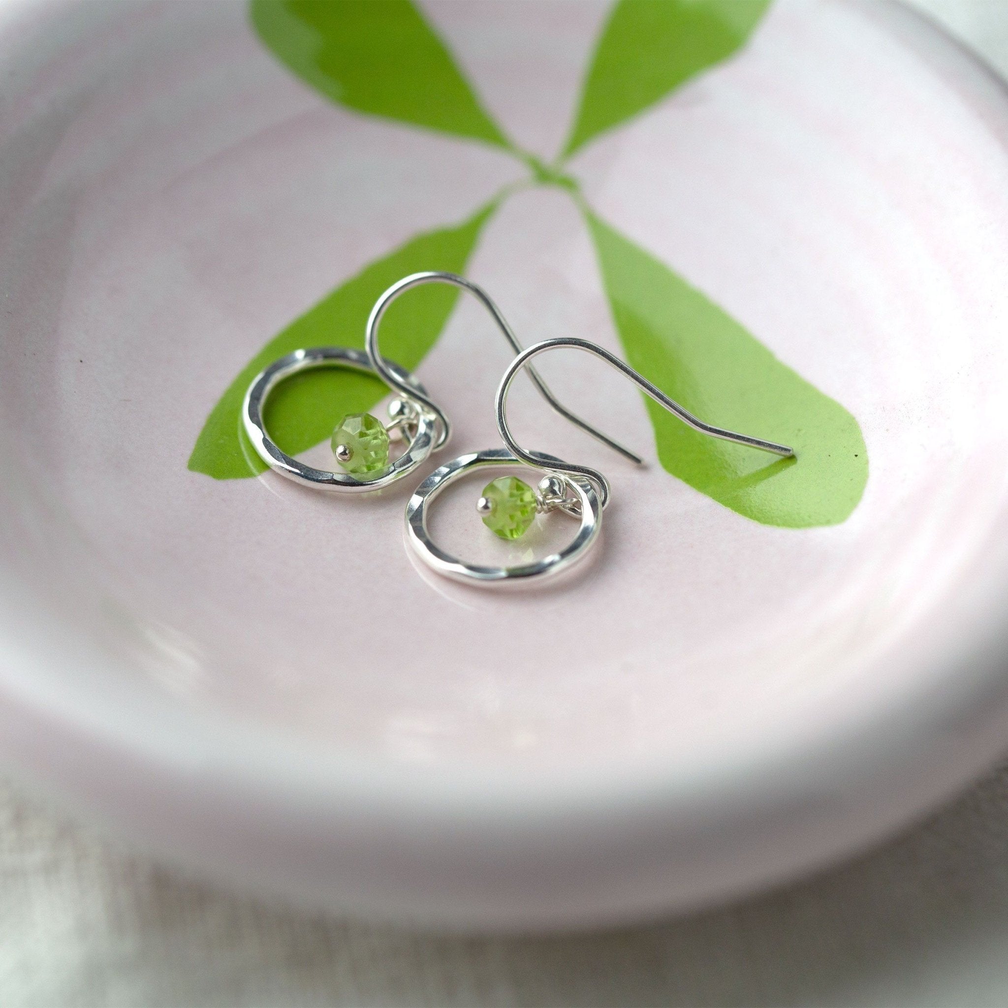Peridot Hammered Silver Circle Earrings - Handmade Jewelry by Burnish