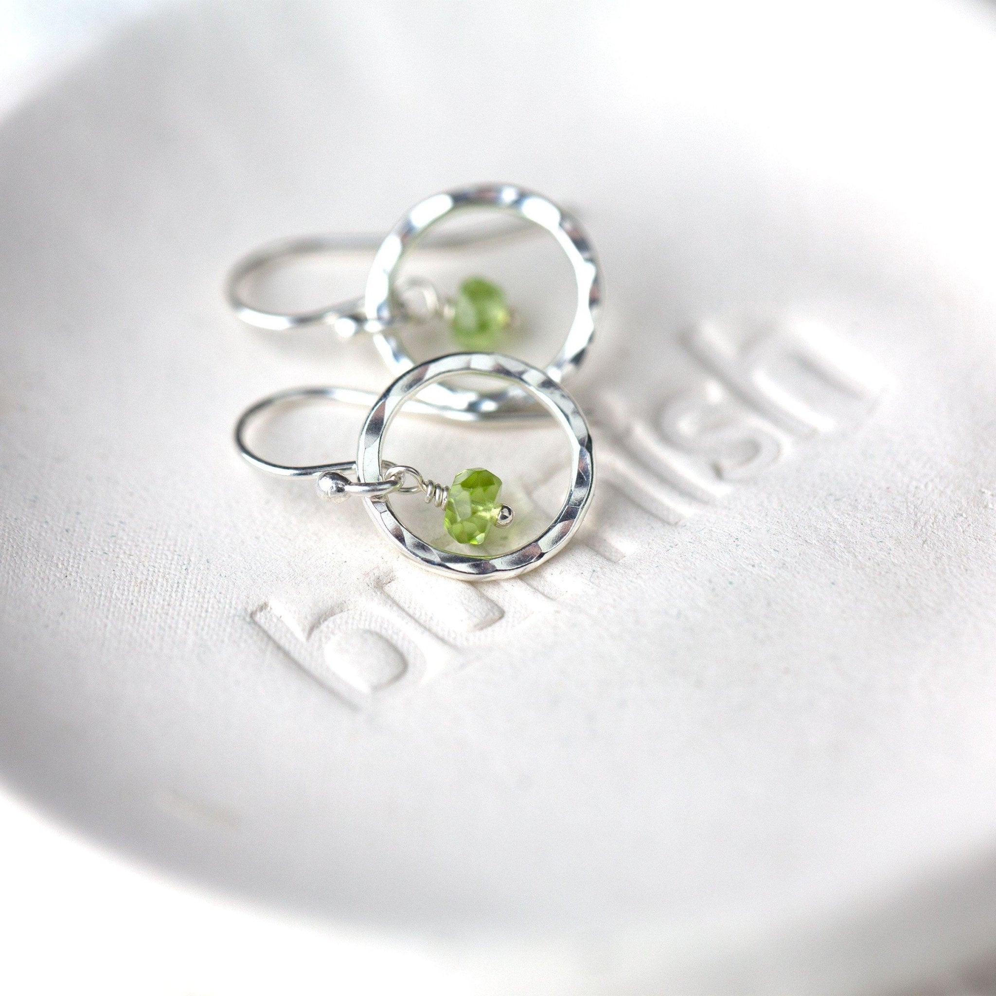 Peridot Hammered Silver Circle Earrings - Handmade Jewelry by Burnish