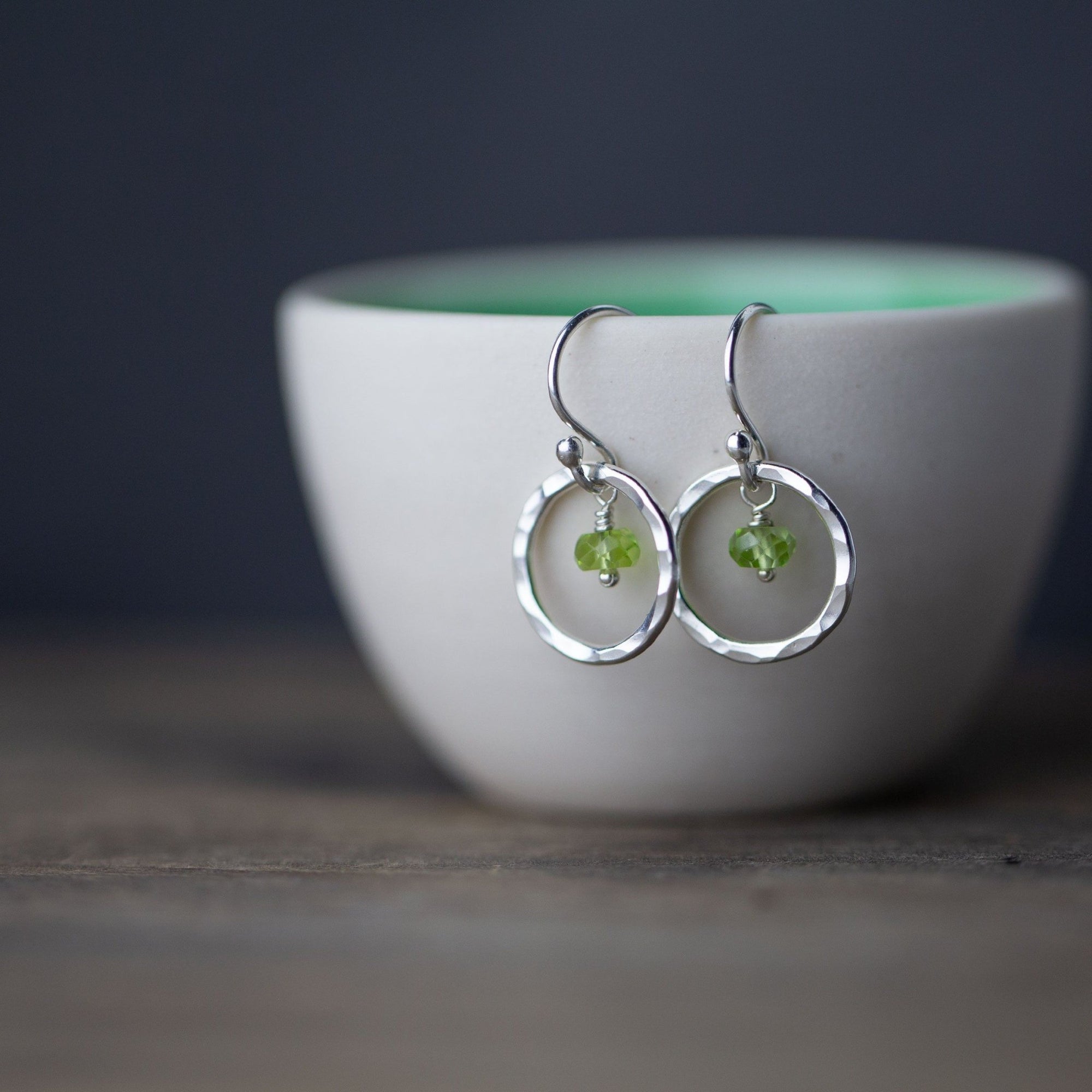 Peridot Hammered Silver Circle Earrings - Handmade Jewelry by Burnish