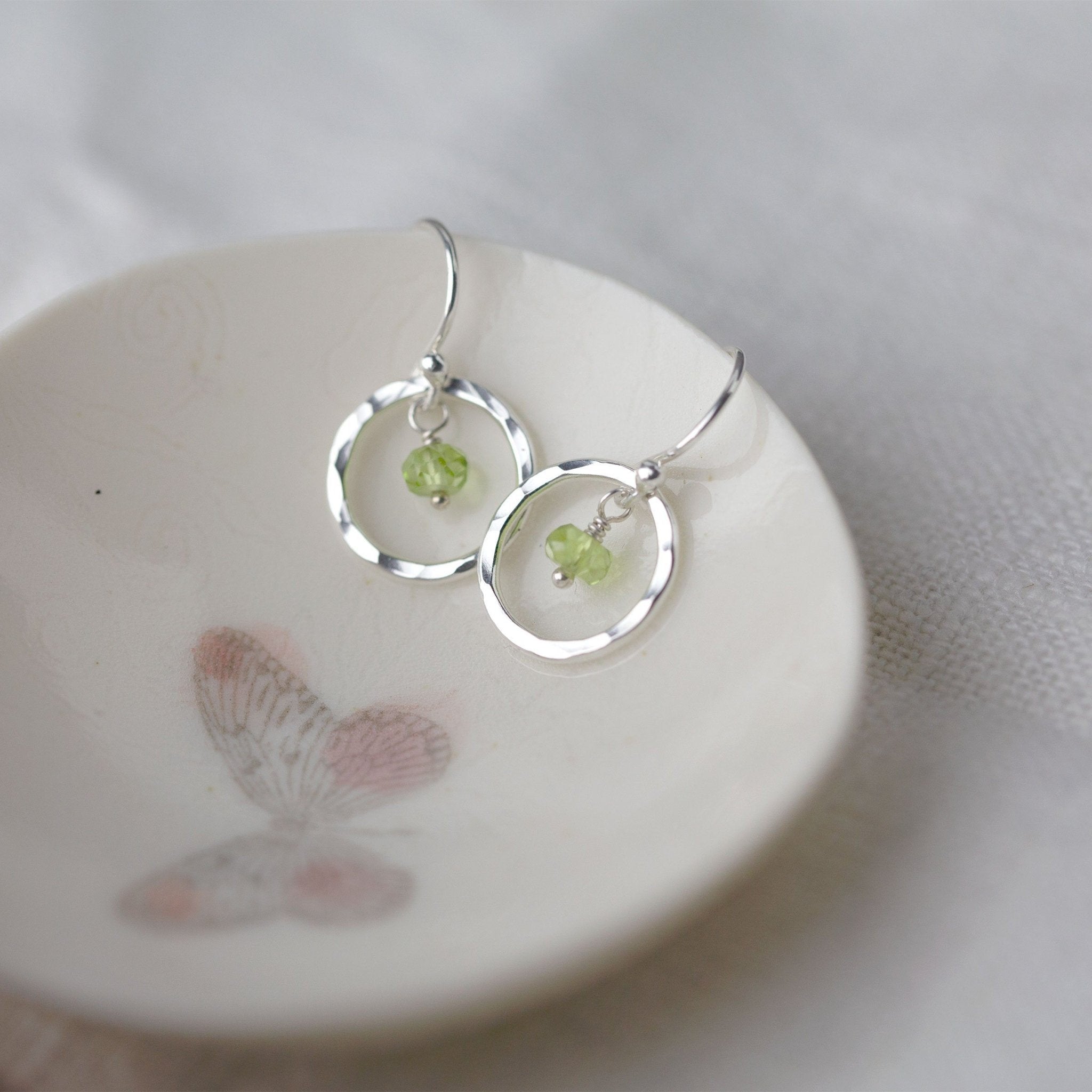 Peridot Hammered Silver Circle Earrings - Handmade Jewelry by Burnish