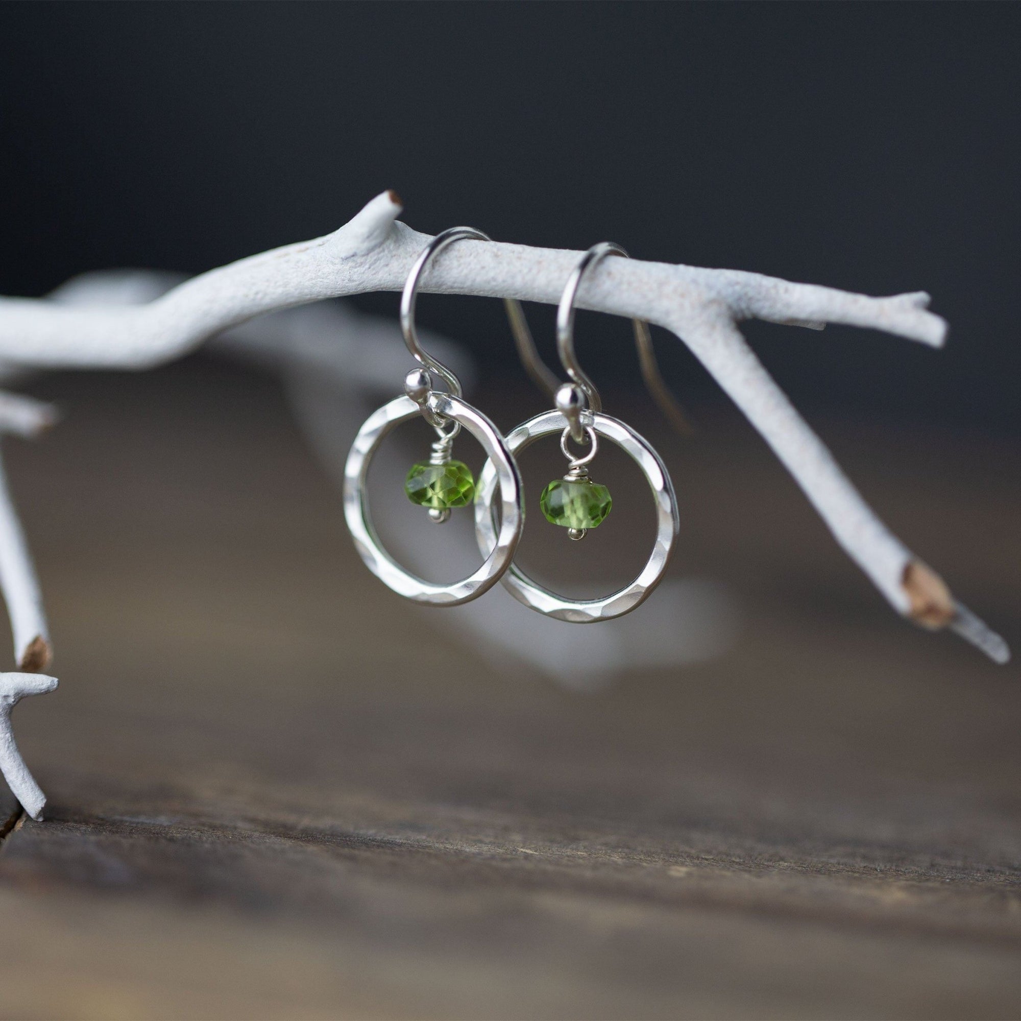 Peridot Hammered Silver Circle Earrings - Handmade Jewelry by Burnish