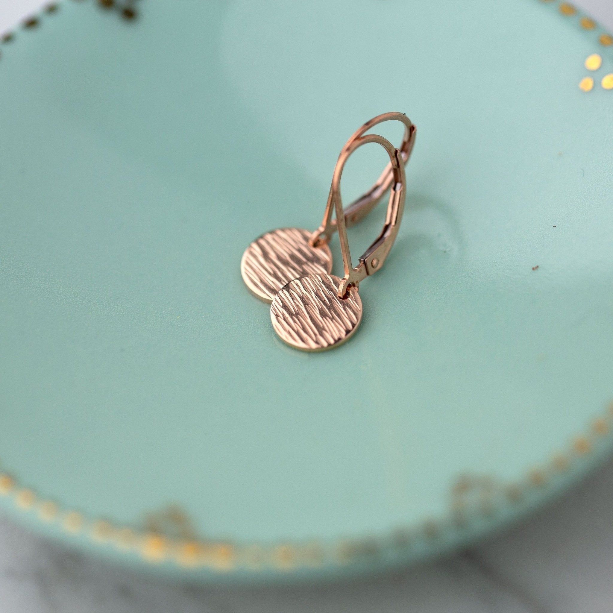 Rose Gold Textured Disc Lever-back Earrings - Handmade Jewelry by Burnish