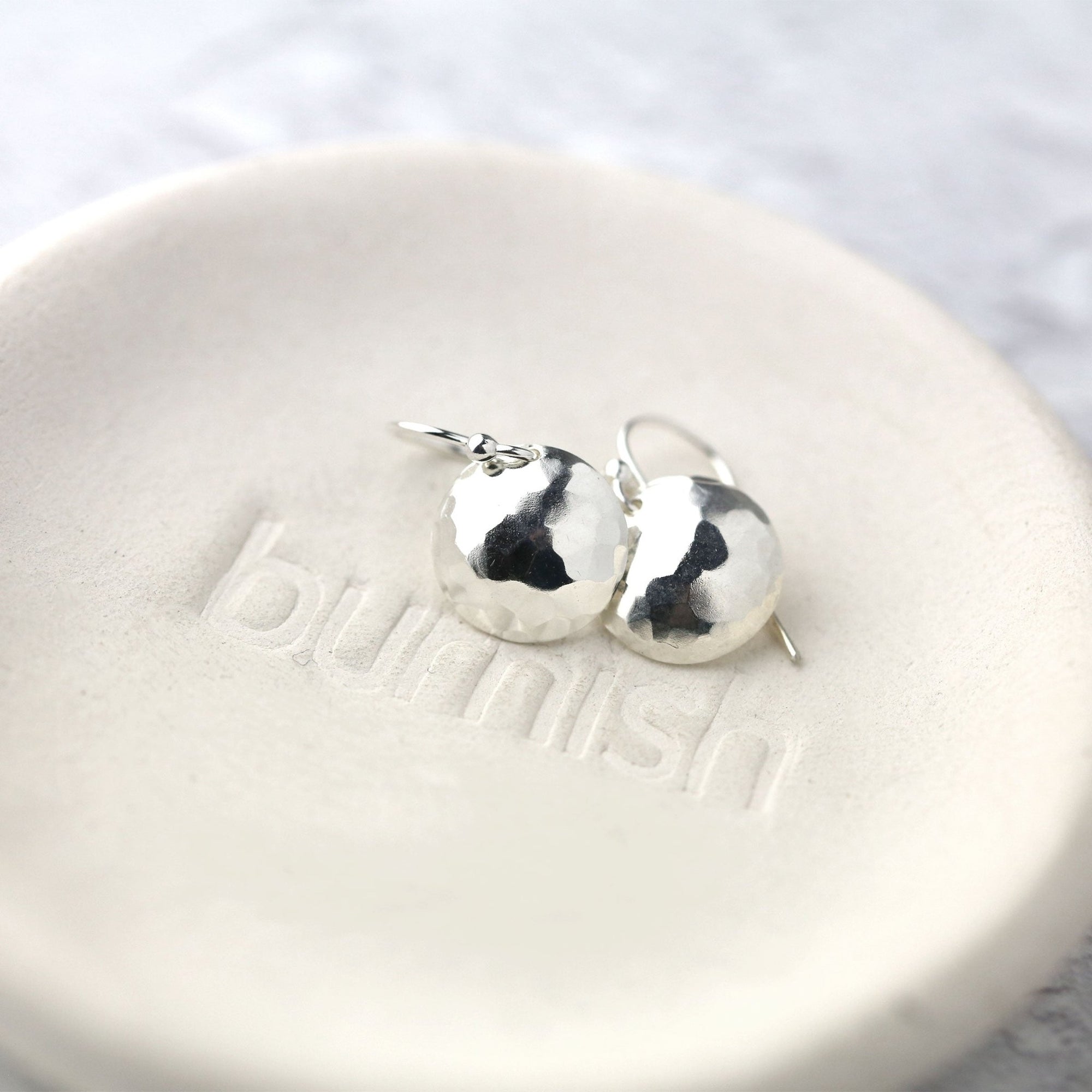 Silver Hammered Domed Disc Earrings jewelry handmade by Burnish