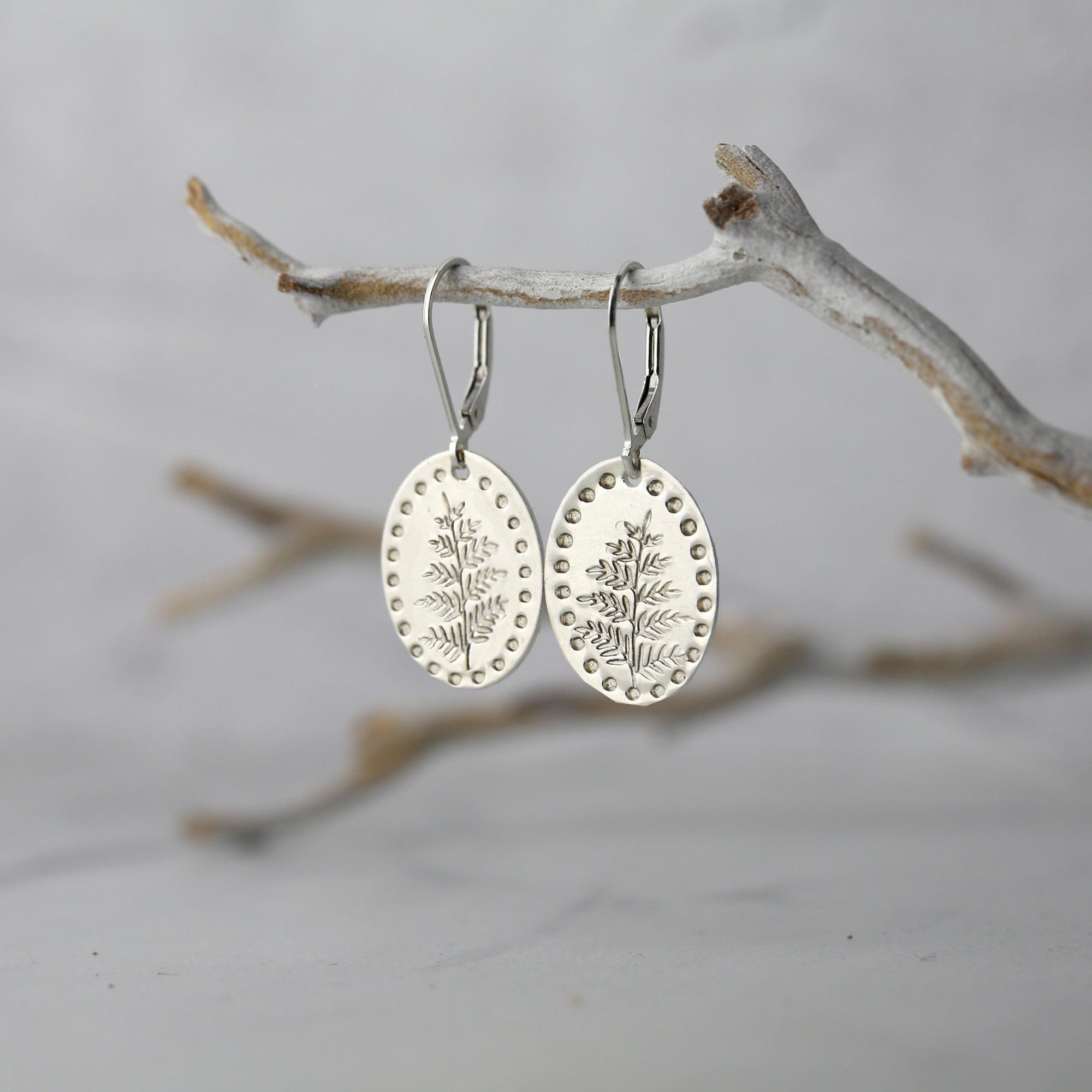 Silver Oval Stamped Leaf Earrings jewelry handmade by Burnish