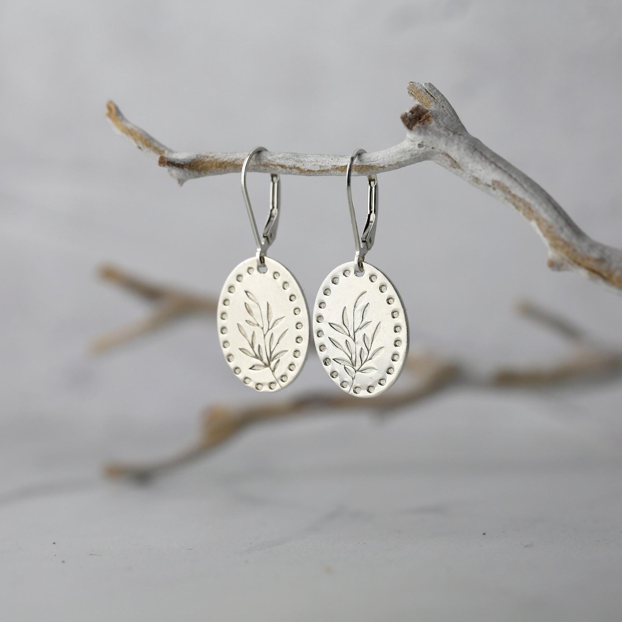 Silver Oval Stamped Leaf Earrings jewelry handmade by Burnish