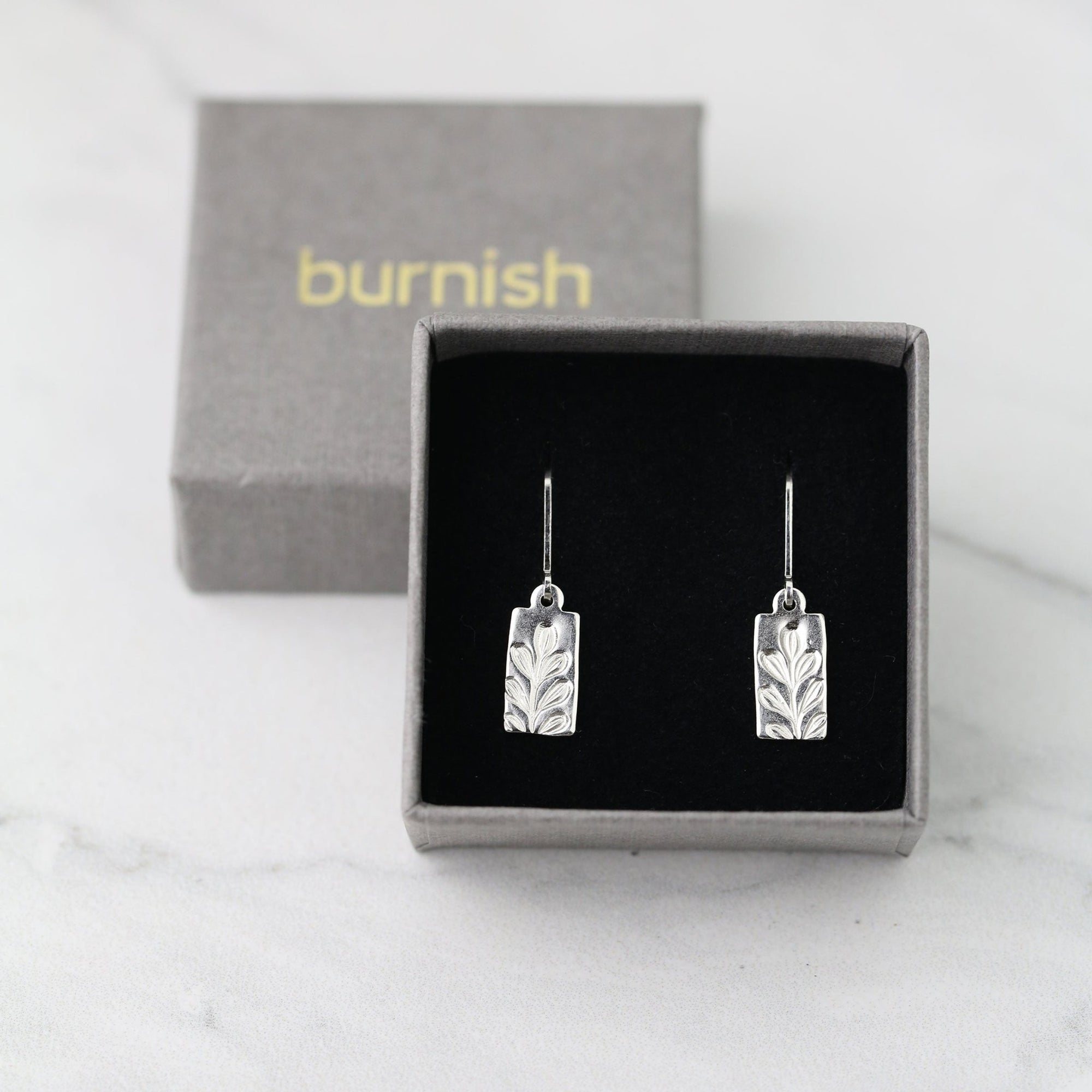 Silver Stamped Botanical Tag Lever-back Earrings