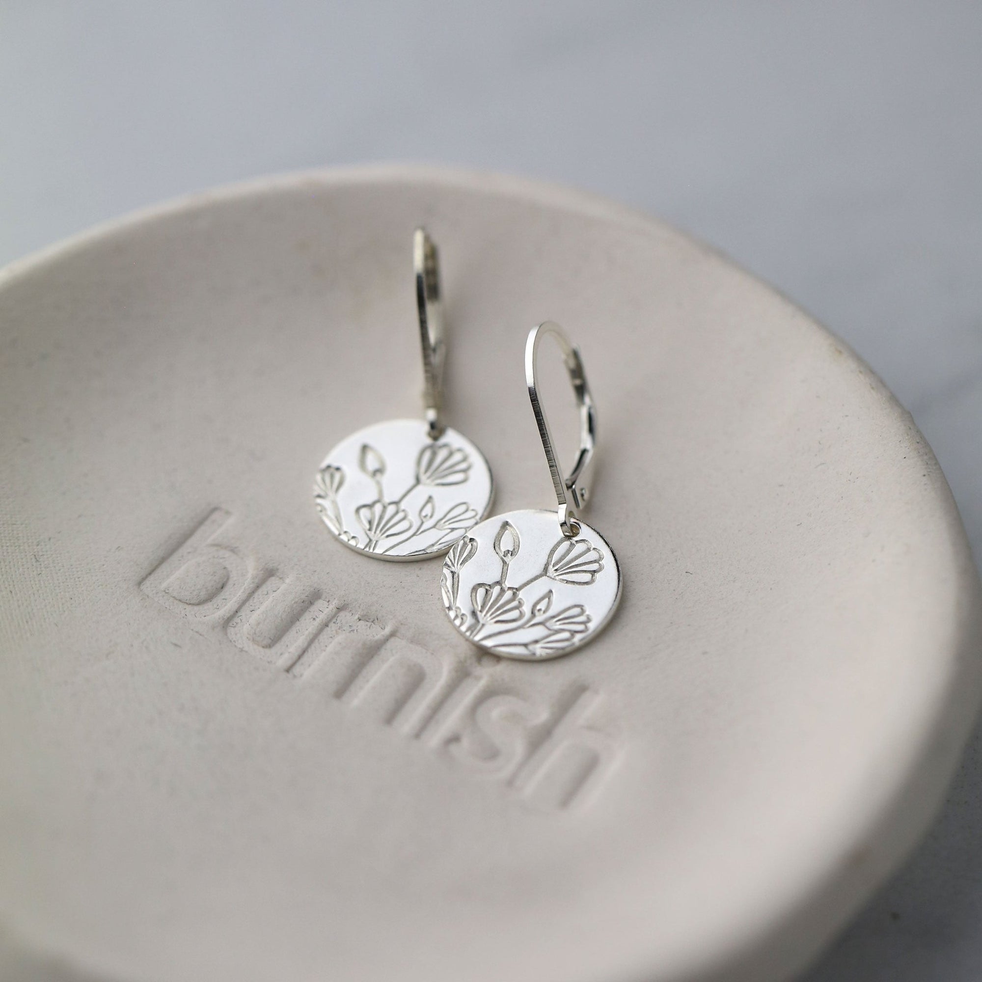 Silver Stamped Floral Disc Earrings handmade by Burnish