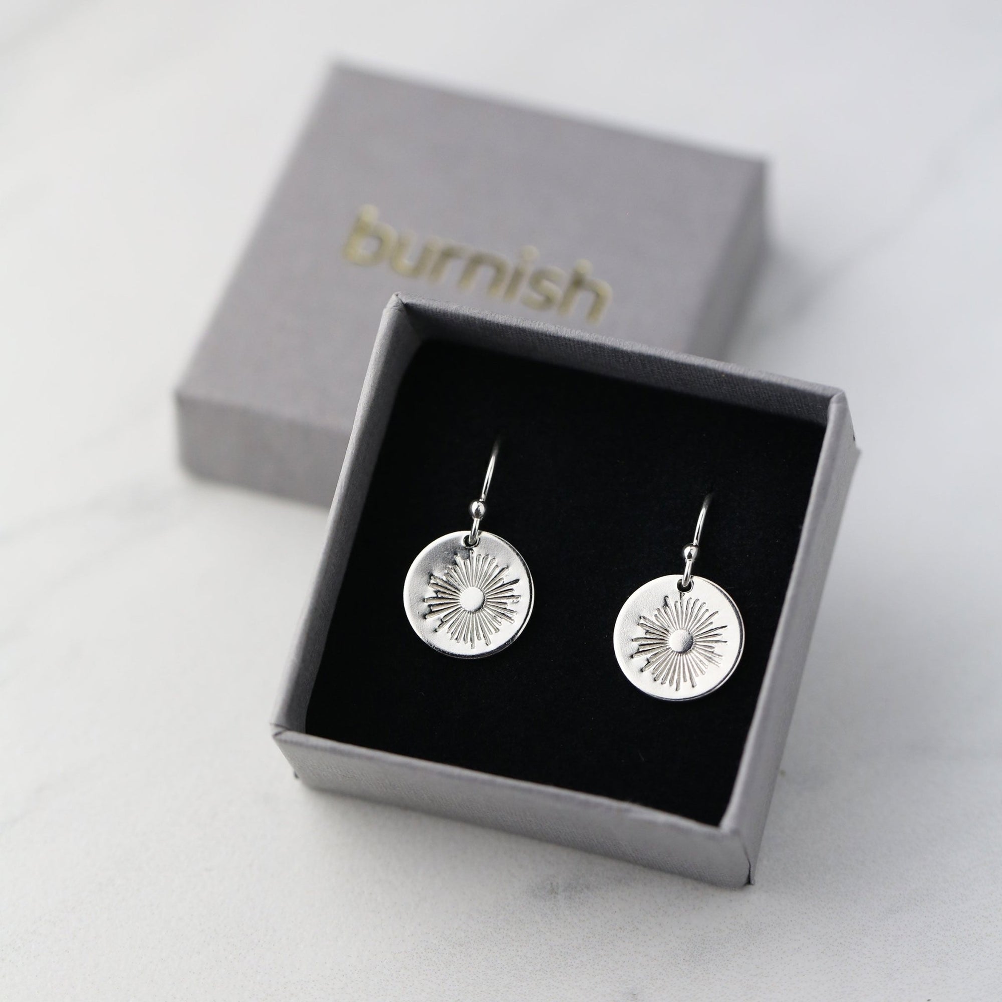 Silver Stamped Sunburst Earrings jewelry handmade by Burnish