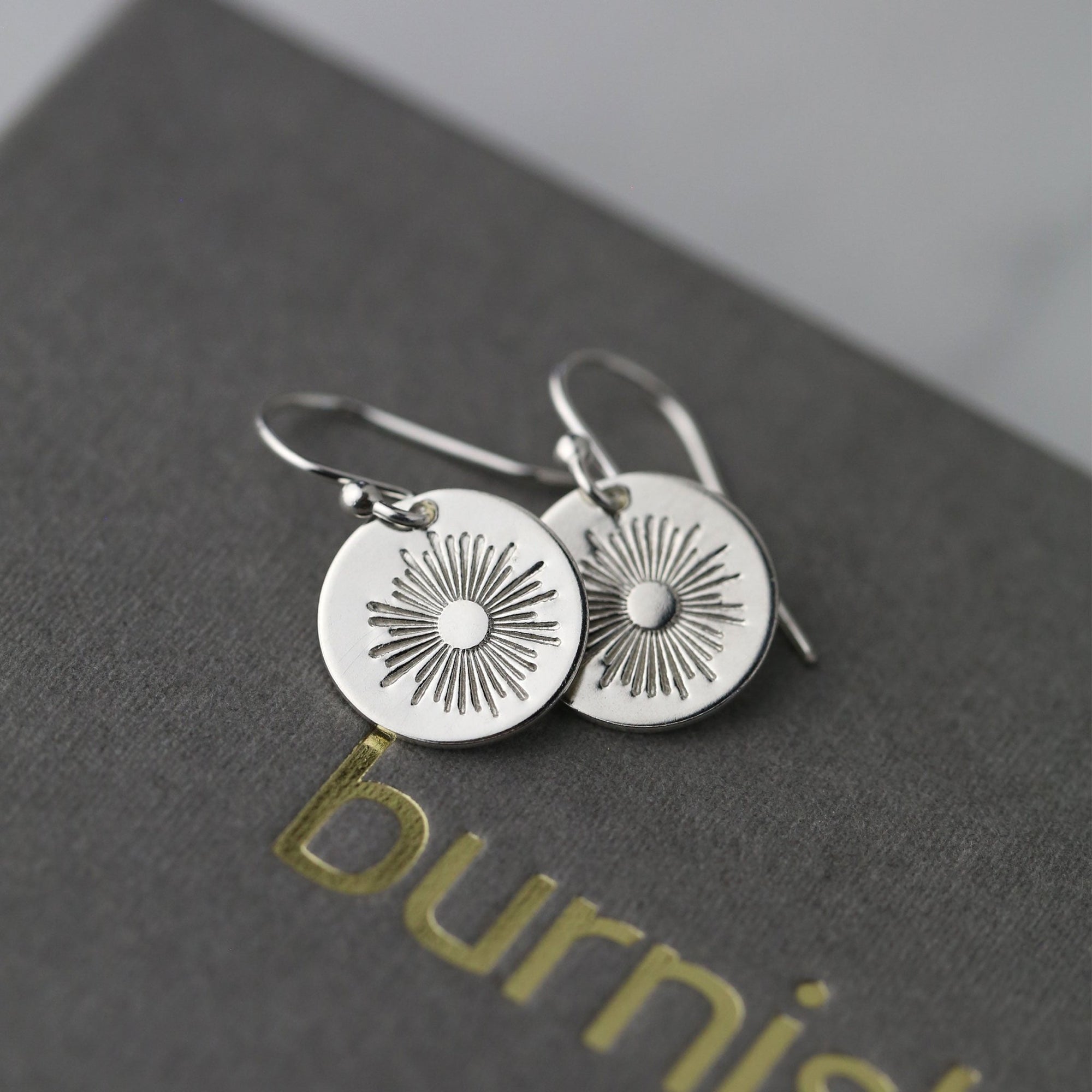 Silver Stamped Sunburst Earrings jewelry handmade by Burnish