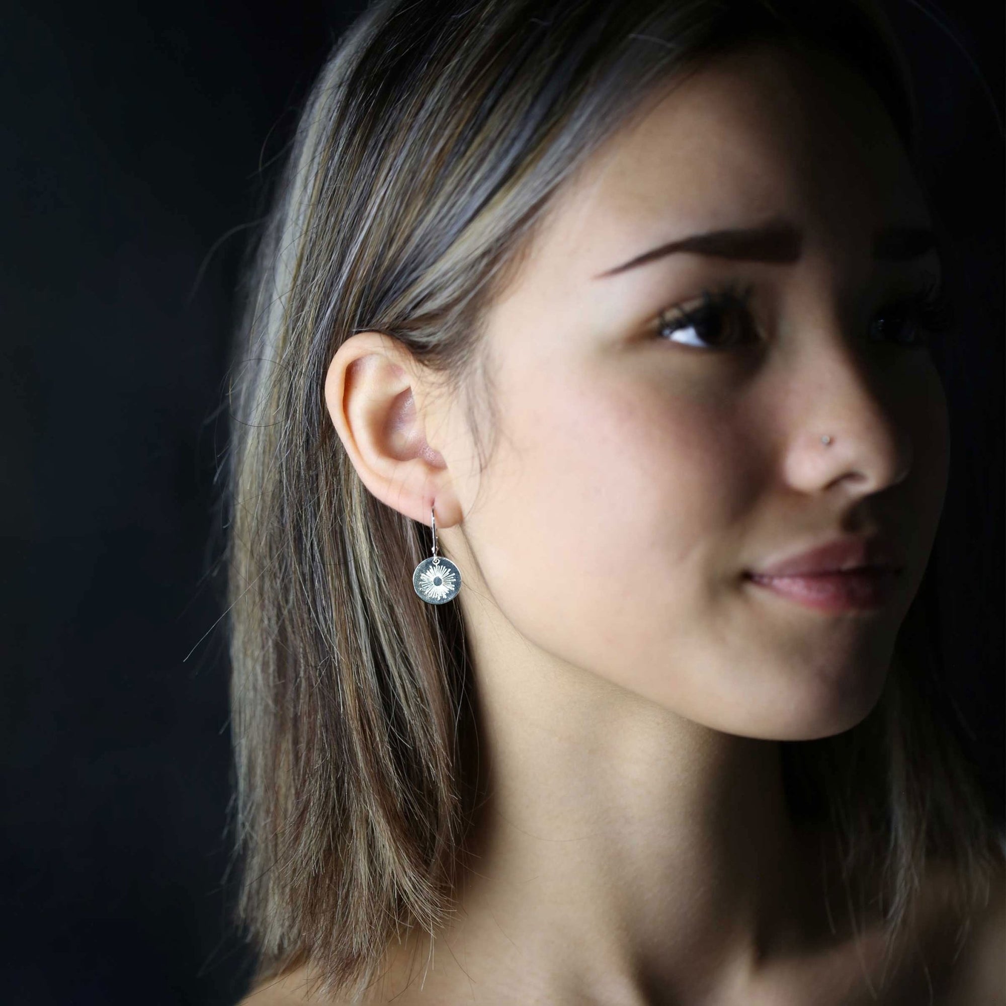 Silver Stamped Sunburst Lever-back Earrings